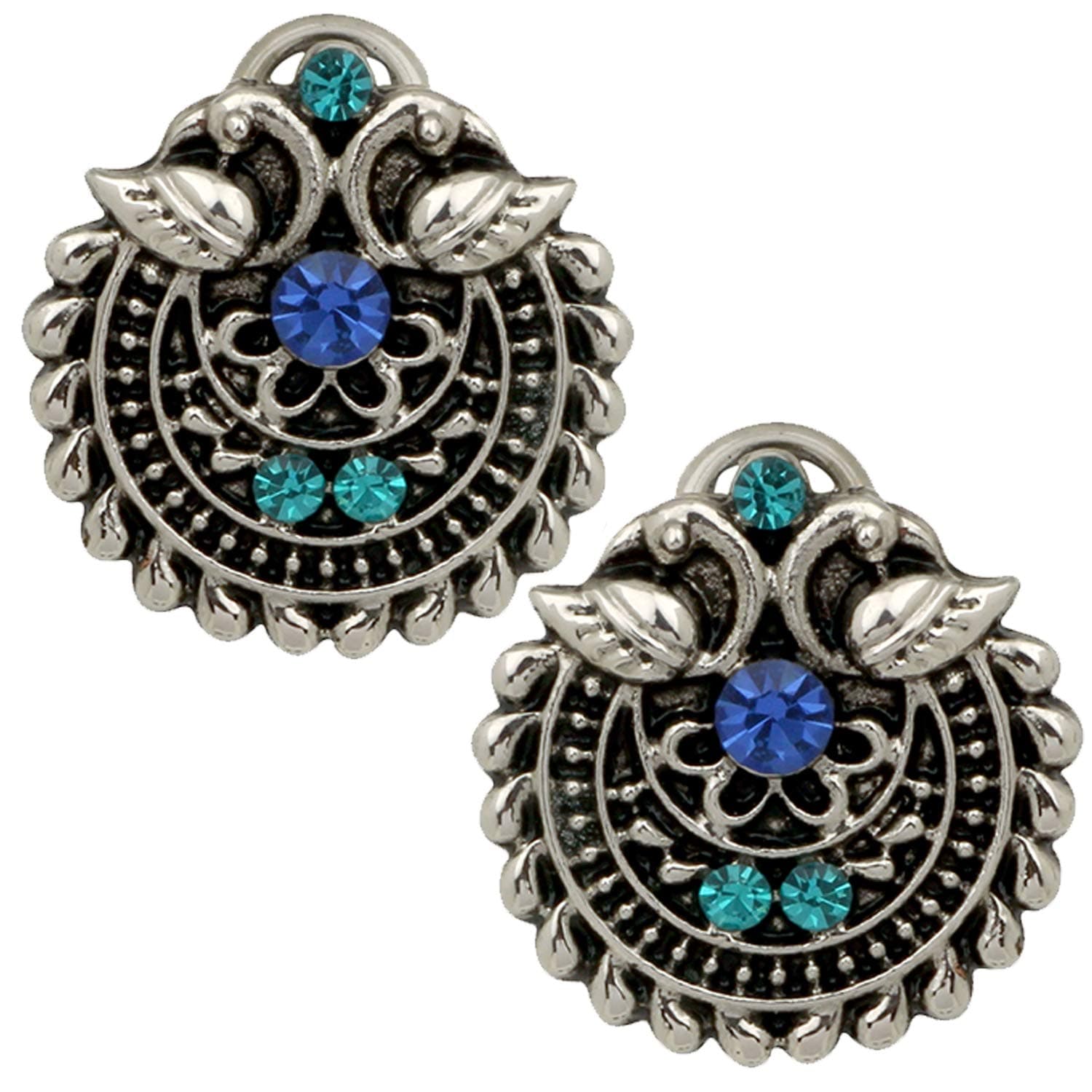 Mahi Silver Oxidized Traditional Green and Blue Crystal Stud Earrings for Women and Girls ER1109653R