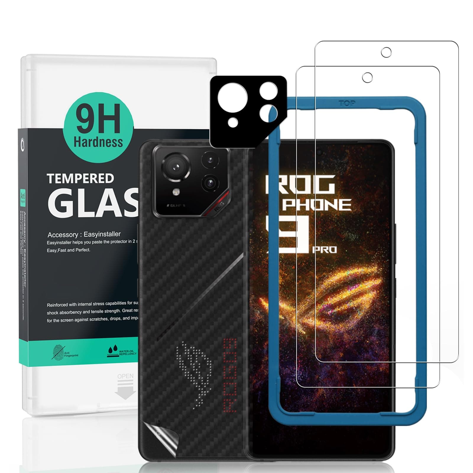 2 Pack Screen Protector For Asus ROG Phone 9 Pro 5G,9H Hardness Tempered Glass,With 1Pc Camera Lens Protector,1Pc Back Carbon Fiber Film,Easy to Install