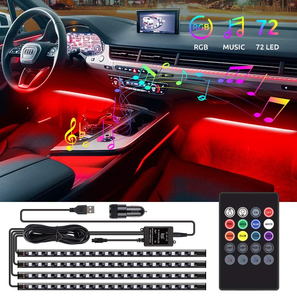 Car LED Interior Lights, Speclux 72 LED DC 12V LED Car Strip Lights 4pcs,Footwell Car Lighting with Wireless Remote Control Music & Voice Control Car Accessories LED (With Car Charger)