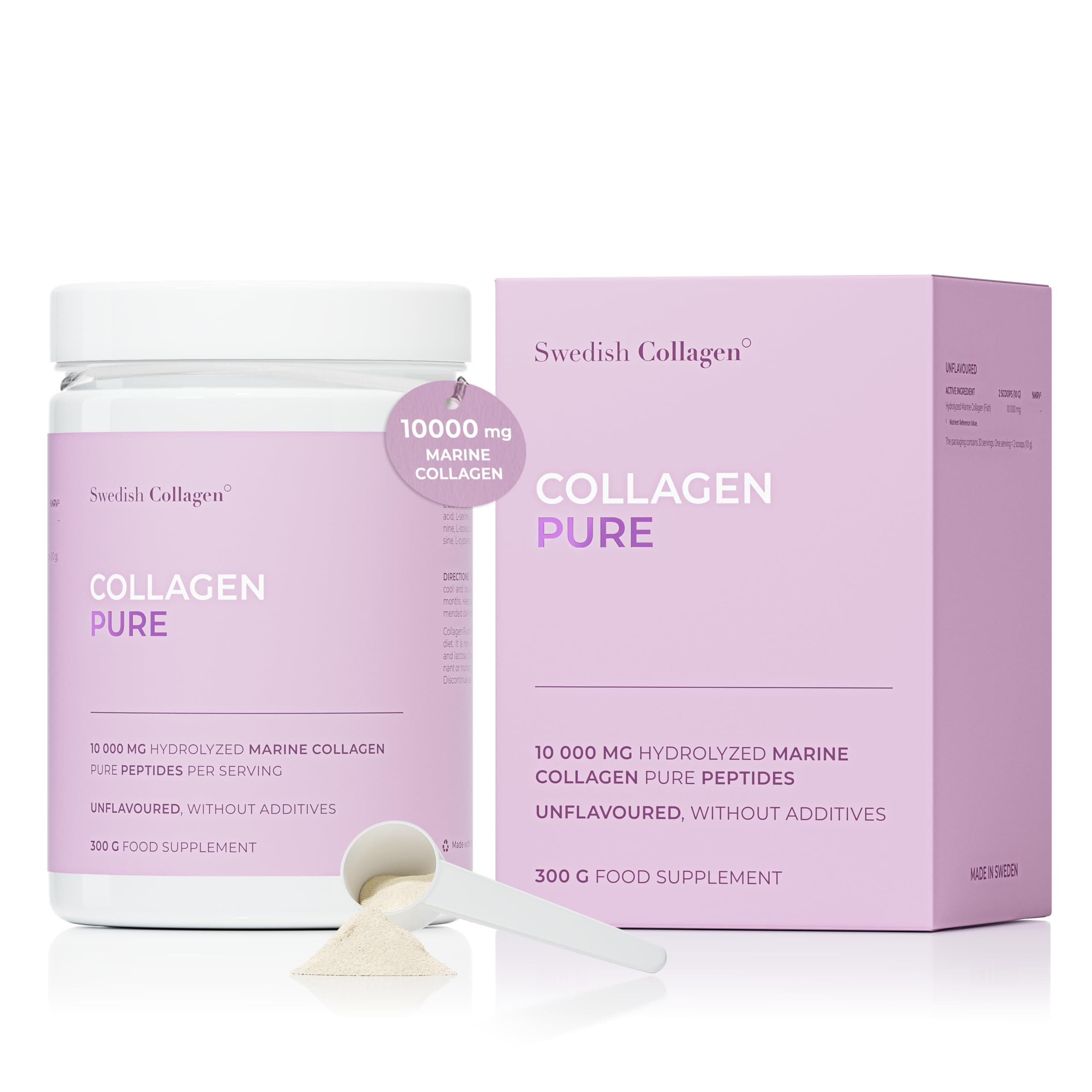 Swedish Collagen - Hydrolyzed Marine Collagen 10,000 mg Powder Supplement - Pack of 300 g, 30 Day Supply | Pure Peptide for Healthy Hair, Skin, Nails & Joints I 100% Natural & Gluten Free | Sugar-Free