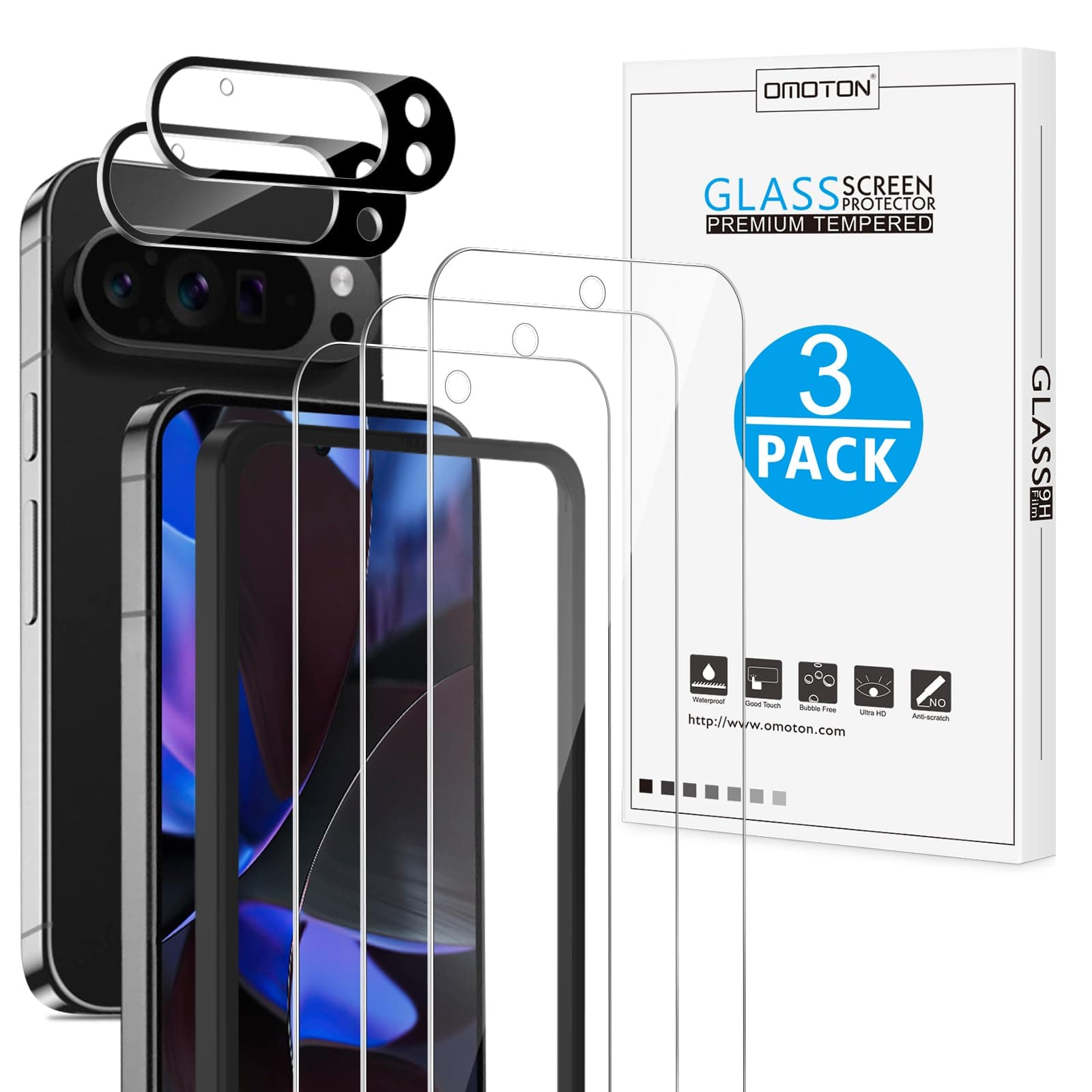 OMOTON Screen Protector for Google Pixel 9 Pro XL, 3 Pack Tempered Glass & 2 Pack Camera Lens Protector, Case Friendly/Alignment Frame (2024 Released), Not for Pixel 9