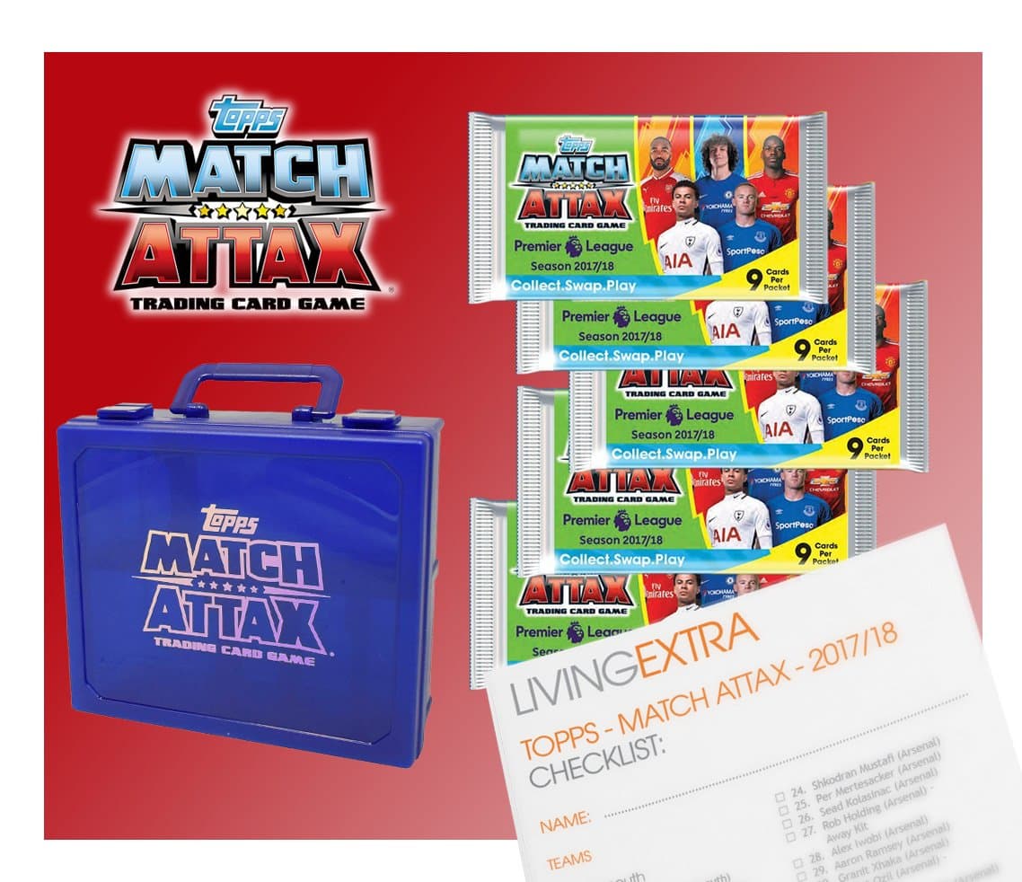 Topps Match Attax 2017/18 EPL Trading Card SWAP box with 50 Cards. (Includes 2 x limited edition Bronze, Silver or Gold Cards). Plus 12 page LivingExtra Checklist Guide.
