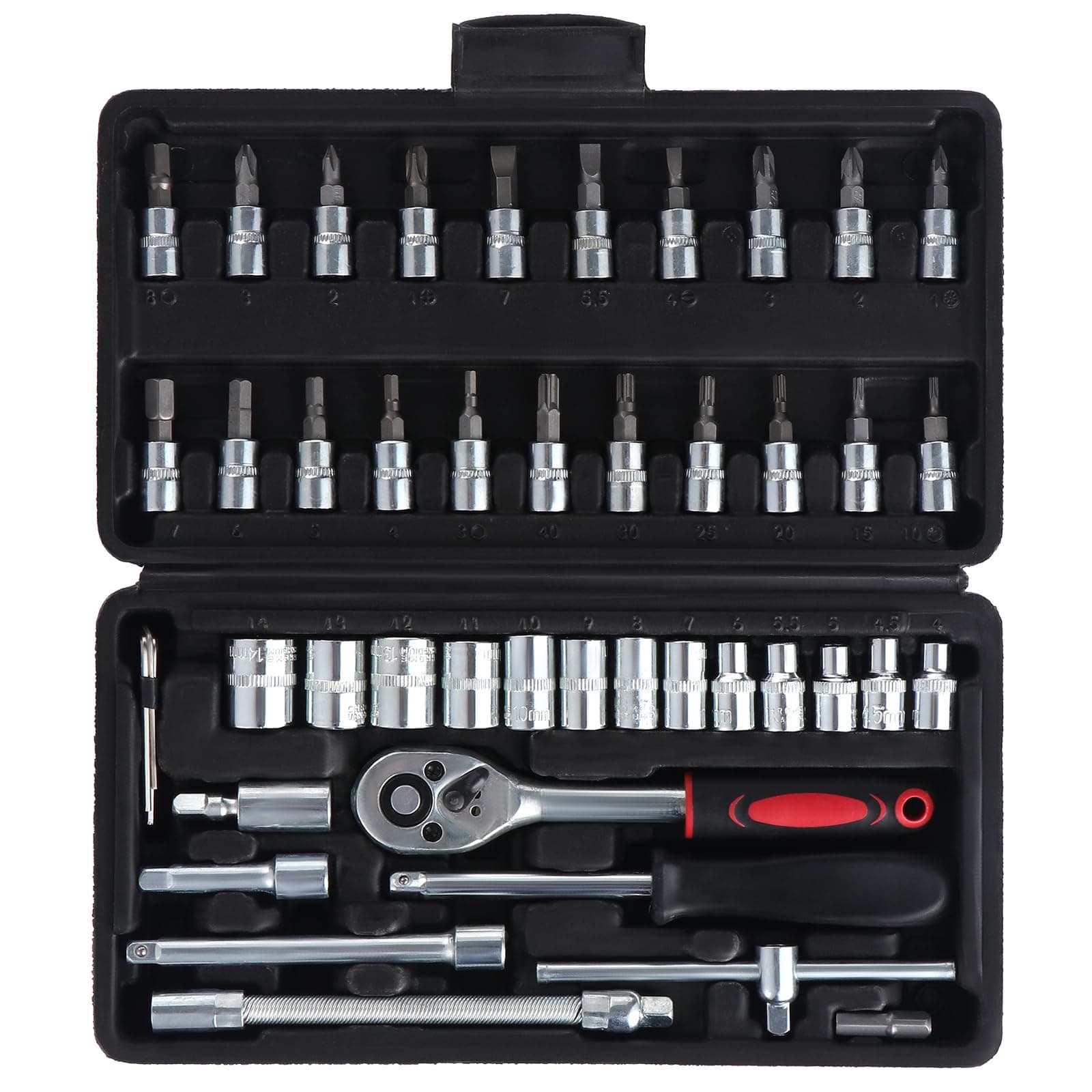 46PCS Socket Wrench Set, Ratchet Socket Set, Metric Drive Socket Wrench Ratchet Tools Kit, Screwdriver Bits Auto Vehicle Repair Tool 1/4 Inch (Black)