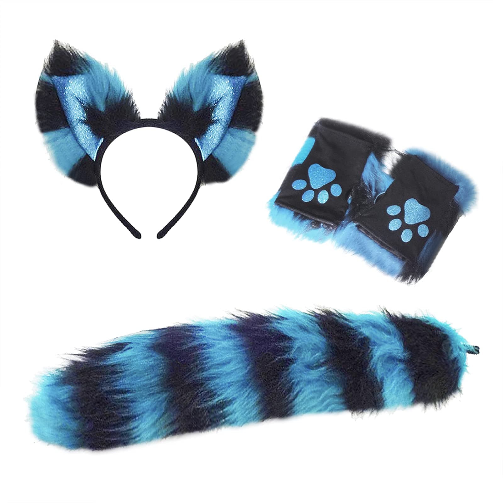Cat Wolf Fox Tail Faux Fur Ear Headband Paw Gloves Set for Adult Children Halloween Xmas Fancy Party Cosplay Costume Gifts