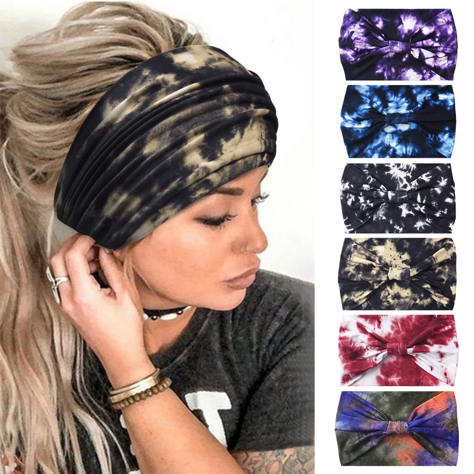 Yeshan Wide Headbands for Women Non Slip Boho Headband Elastic Tie dye Yoga Workout Sweat Bands Running Sport Hair bands,Pack of 6