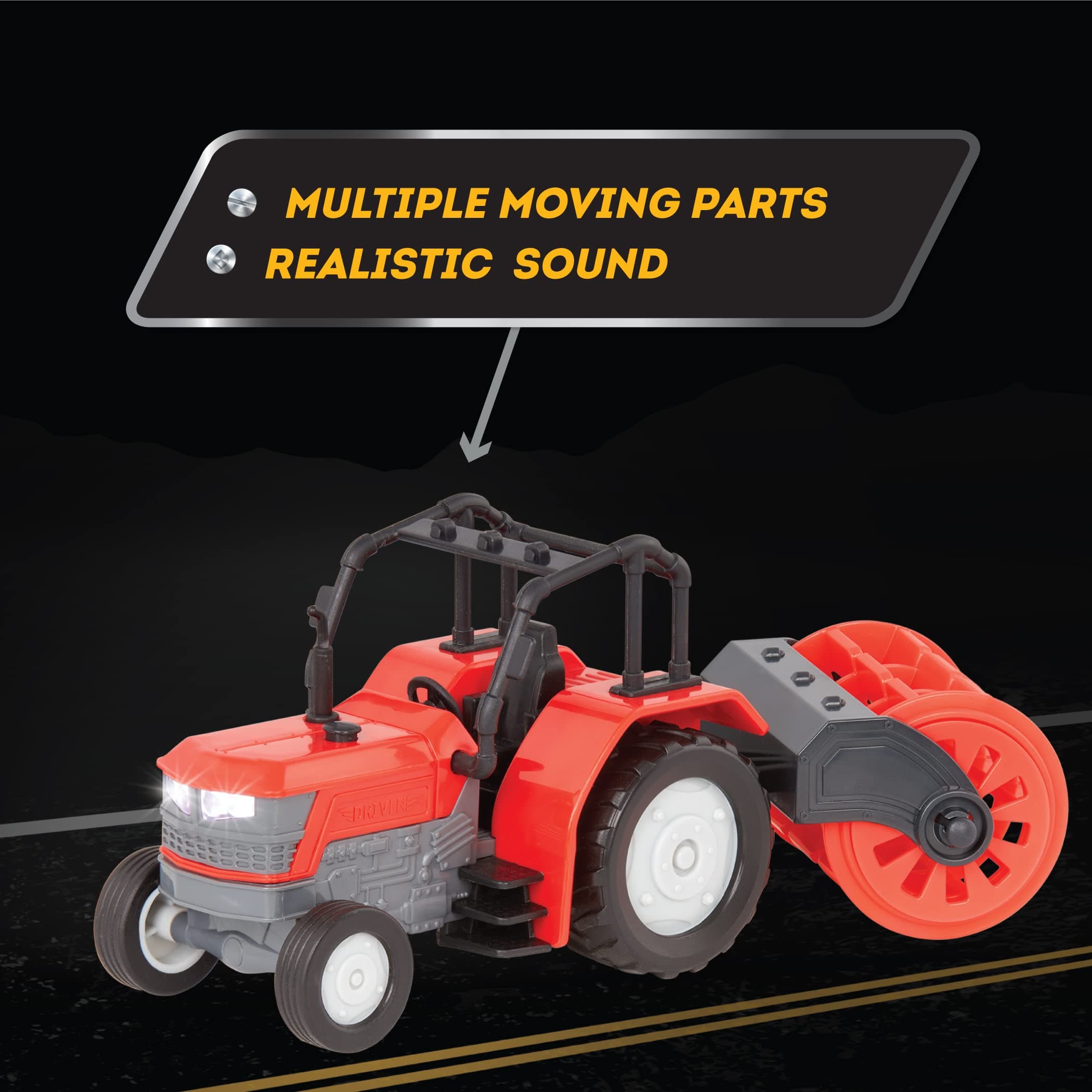 Driven by Battat – 7-Inch Farm Tractor Toy with Lights & Sounds, Detachable Rotary Hoe, Educational Vehicle for Boys & Girls, Durable Design, 3+ Years Toy for Kids