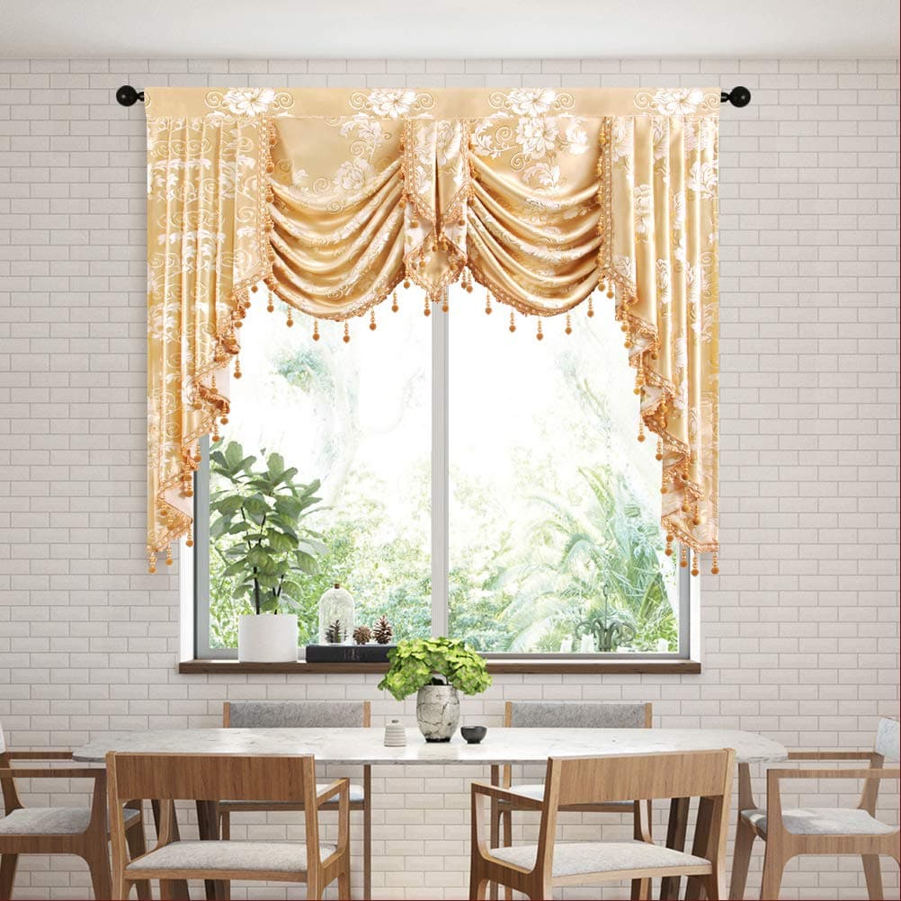 ELKCA Golden Jacquard Swag Waterfall Valance - Luxury Curtain Valance for Living Room & Bedroom (Floral, Golden, W59 Inch, 1 Panel)
