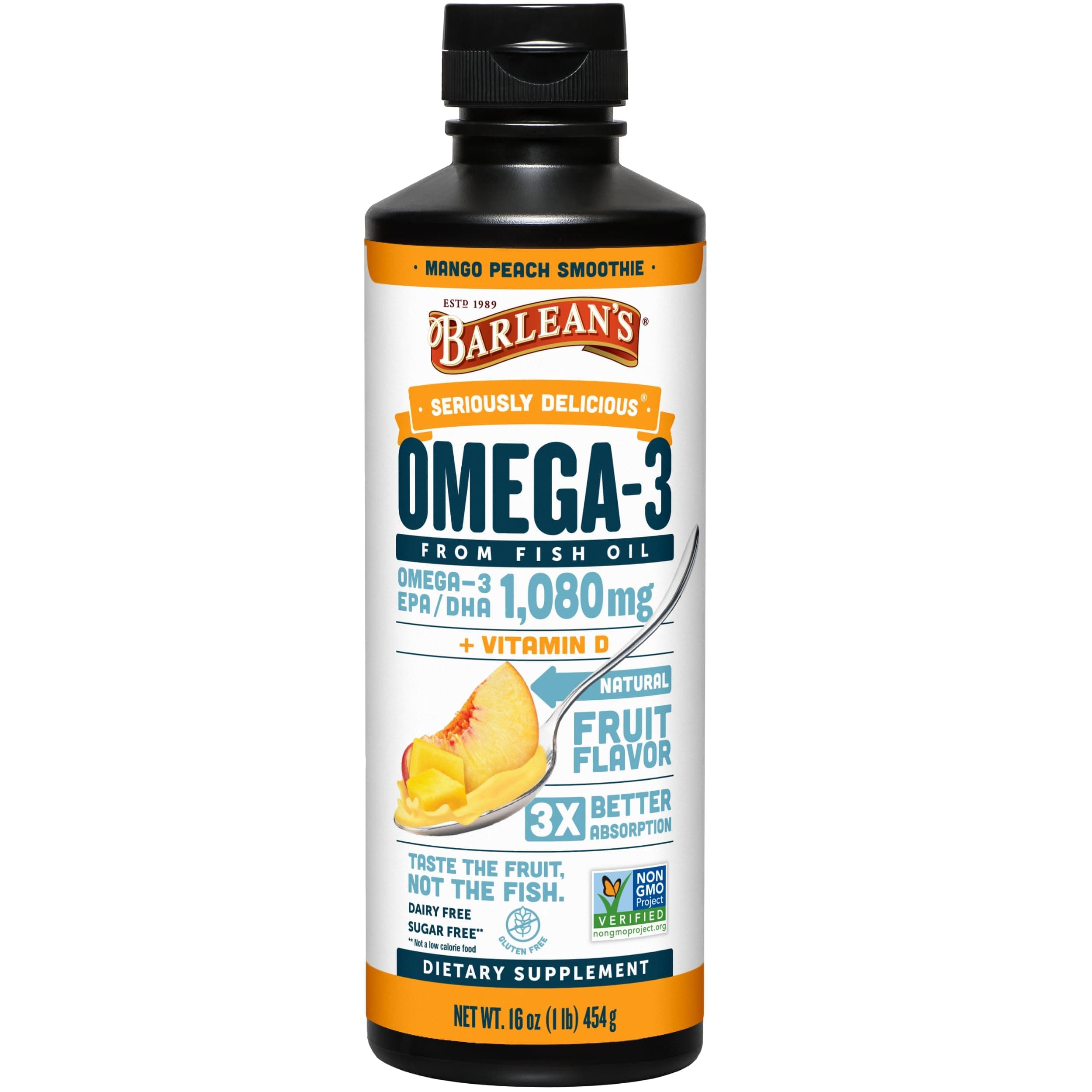 Barleans Omega Swirl, Fish Oil with Vitamin D Supplement, Mango Peach, 16oz (454g)