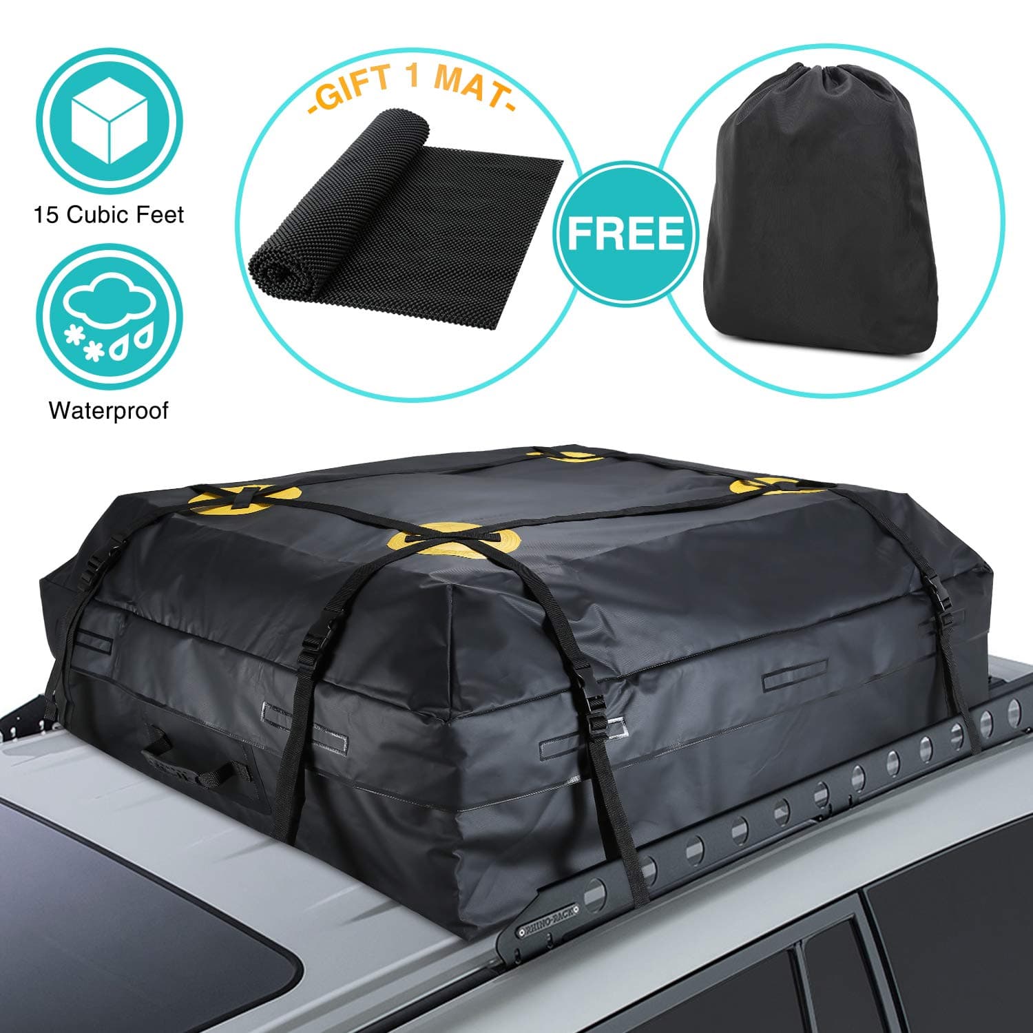 MODOKIT Car Cargo Roof Bag Bundle- 100% Waterproof Roof Top Cargo Bag for Vehicles with Rack Crossbars + Non Slip Protective Roof Mat & Storage Bag, Heavy Duty Roof Cargo Bag 15 Cubic Ft(44" 34" 17")