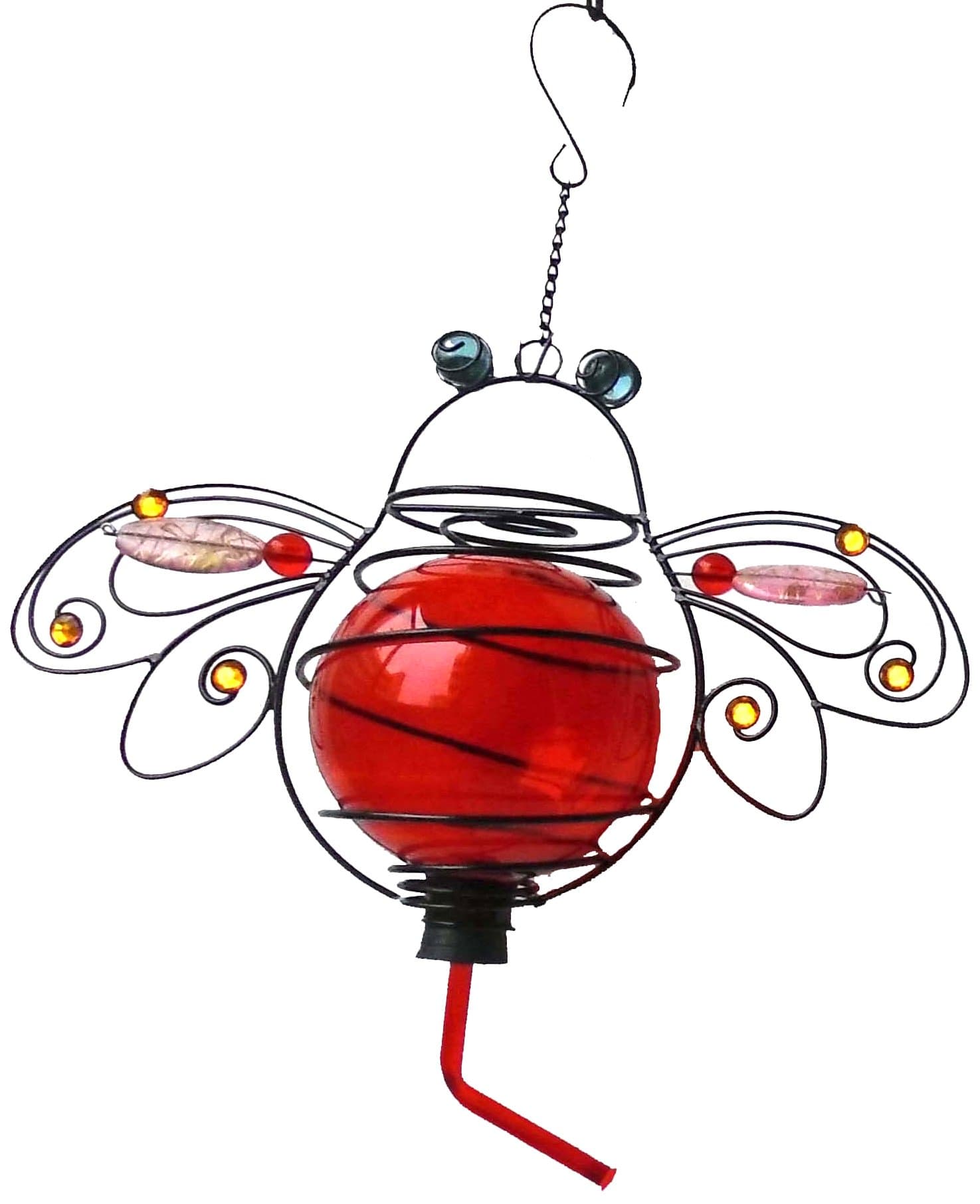 Continental Art Center CAC80206A Hand Blown Glass Hummingbird Feeder, Red Bee, 11 by 15-Inch