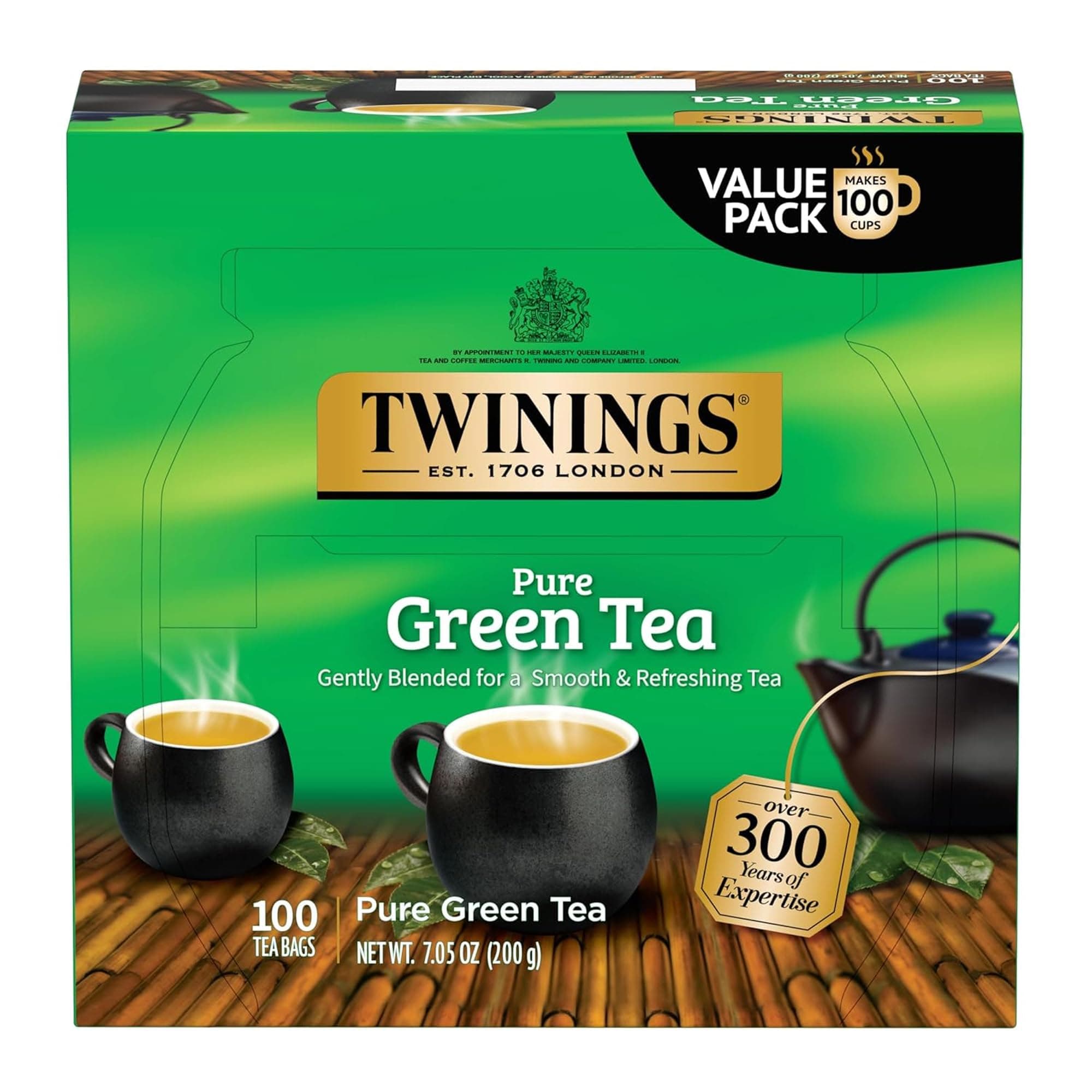 Twinings Pure Green Tea Individually Wrapped Bags, 100 Count (Pack of 1), Smooth & Refreshing, Caffeinated, Enjoy Hot or Iced, 100 Teabags