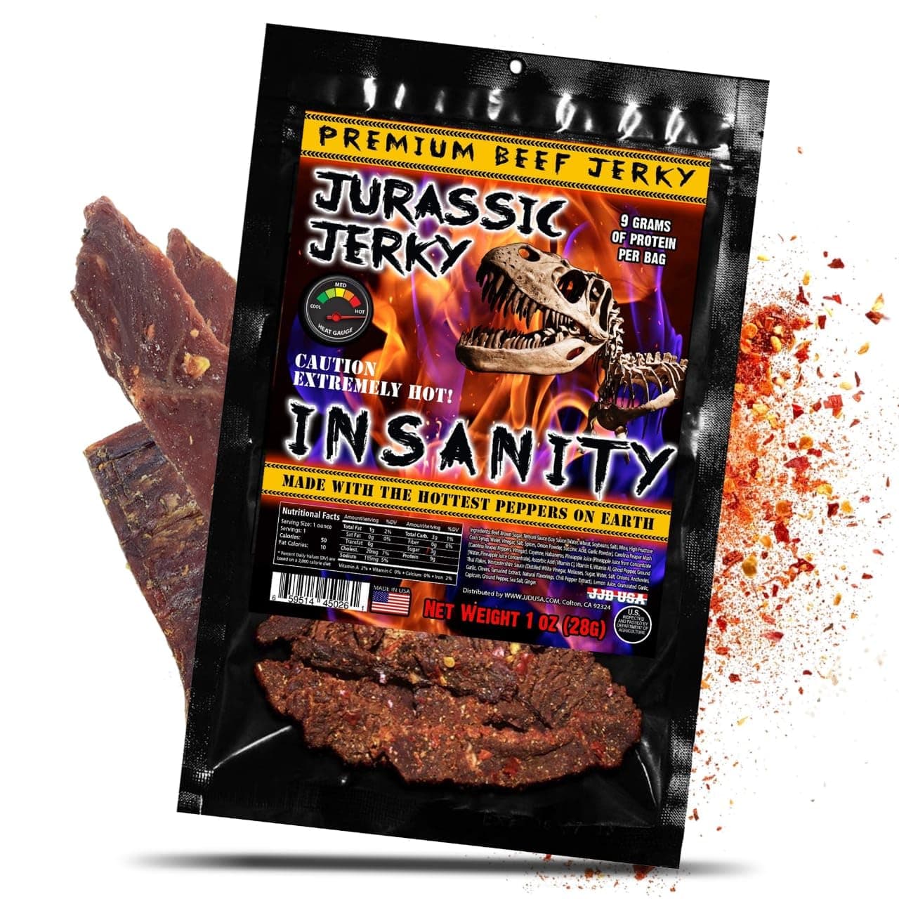 Jurassic Jerky Insanity Beef Jerky - made with the Ghost, Habanero & Carolina Reaper the Hottest Pepper on Earth! Can you handle the Heat? (1 Oz)