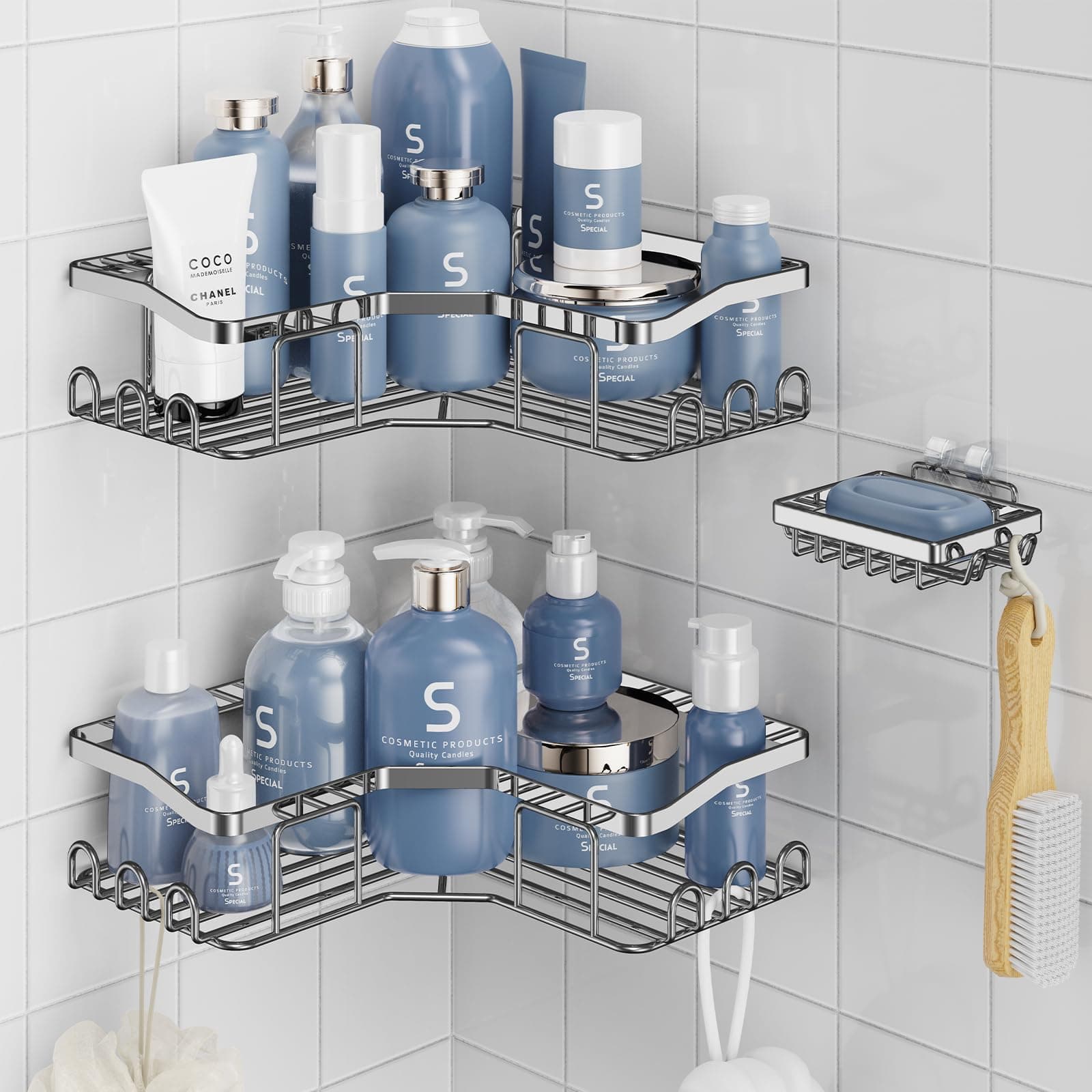 Corner Shower Caddy 3 Pack,Adhesive Shower Organizer for Bathroom Storage&Home Decor&Kitchen,No Drilling,Large Capacity,Rustproof Stainless Steel Bathroom Organizer,Shower Shelves for Inside Shower
