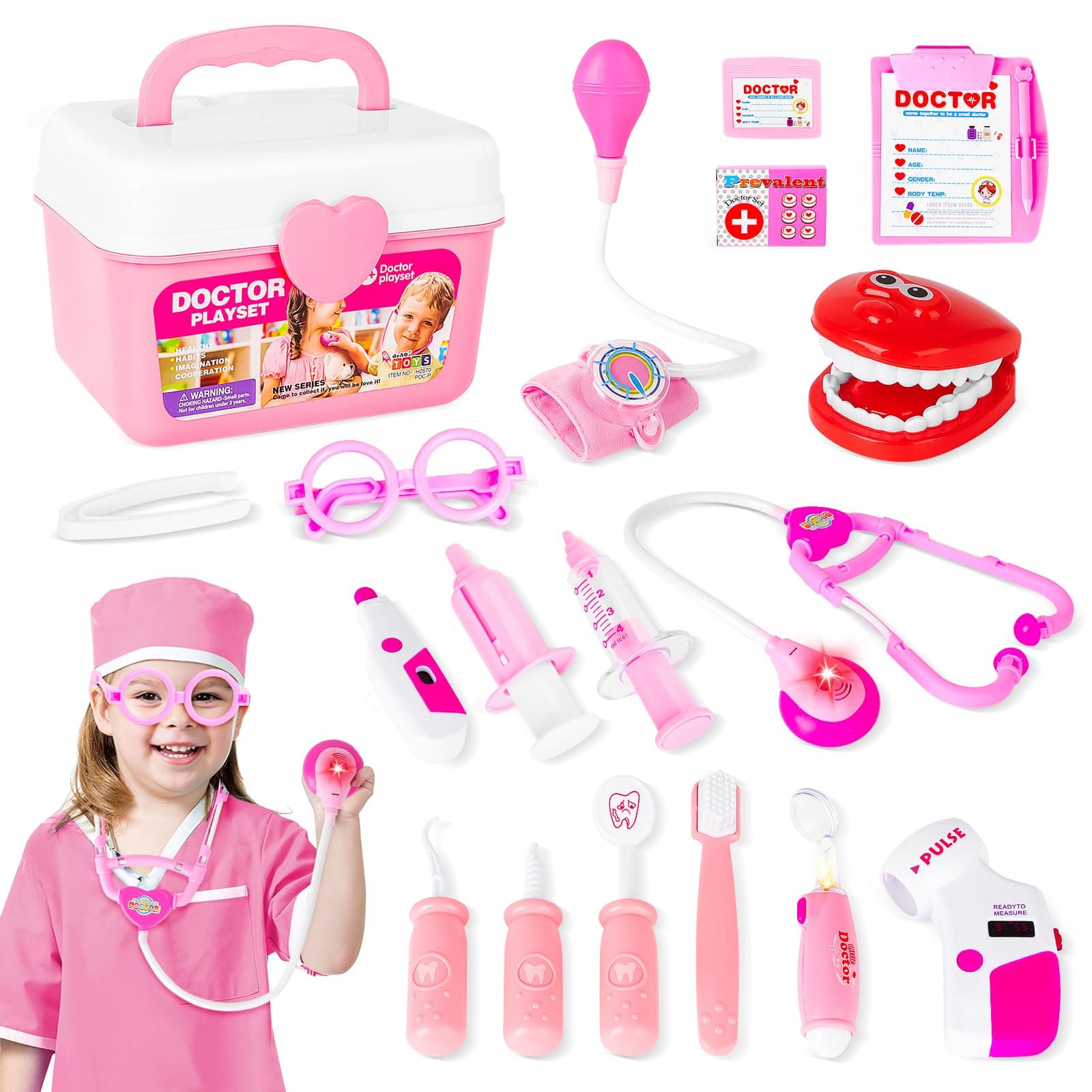 deAO Doctors Set for Kids, 2-in-1 Doctor and Dentist Play Set with Lights, Sounds, Pretend Role Play Medical Carry Case Toys for 3+ Kids Boys Girls