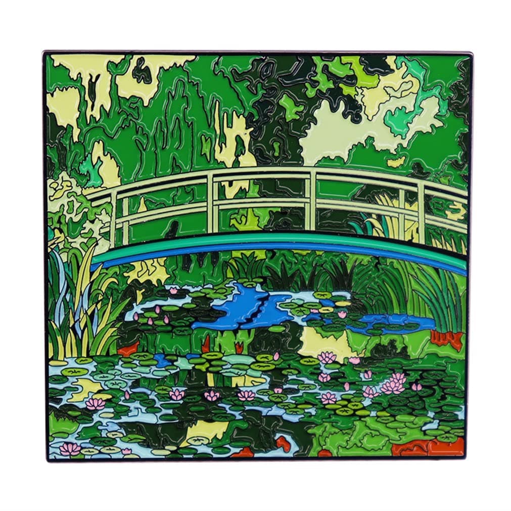 Monet Painting Water Lilies and Japanese Bridge Pin - Blue Metal Artistic Pin - Unisex