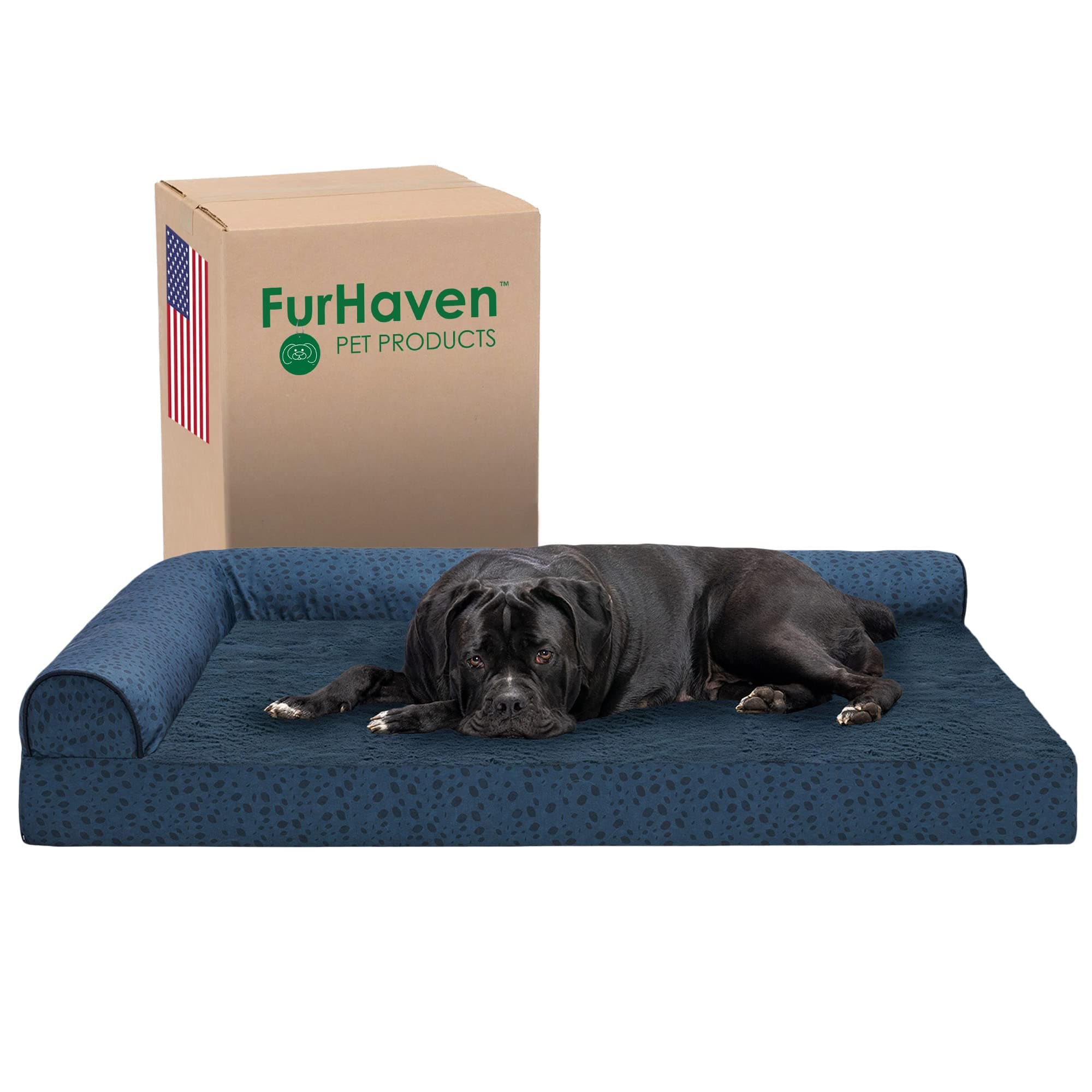 FurhavenOrthopedic Dog Bed for Large Dogs w/ Removable Bolsters & Washable Cover, For Dogs Up to 125 lbs - Plush & Almond Print L Shaped Chaise - Blue Almonds, Jumbo Plus/XXL