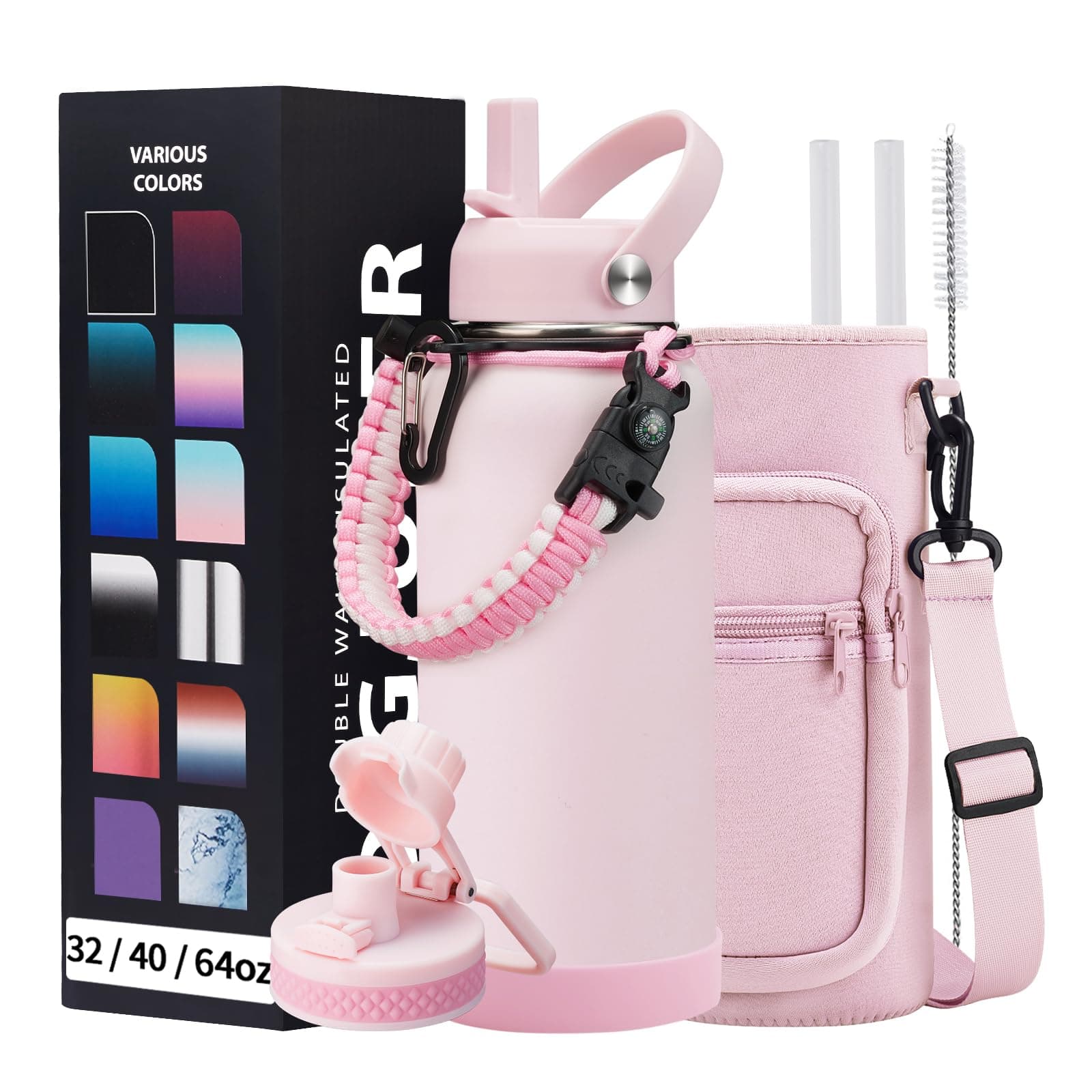 32 OZ Water Bottles with Straw, Storage Carrier Bag, Paracord Handle & Chug Lid, BPA-free Vacuum Insulated Water Bottle 32oz, Keep Cold 48Hrs & Hot 24Hrs, Stainless Steel Hydro Sports Office Travel
