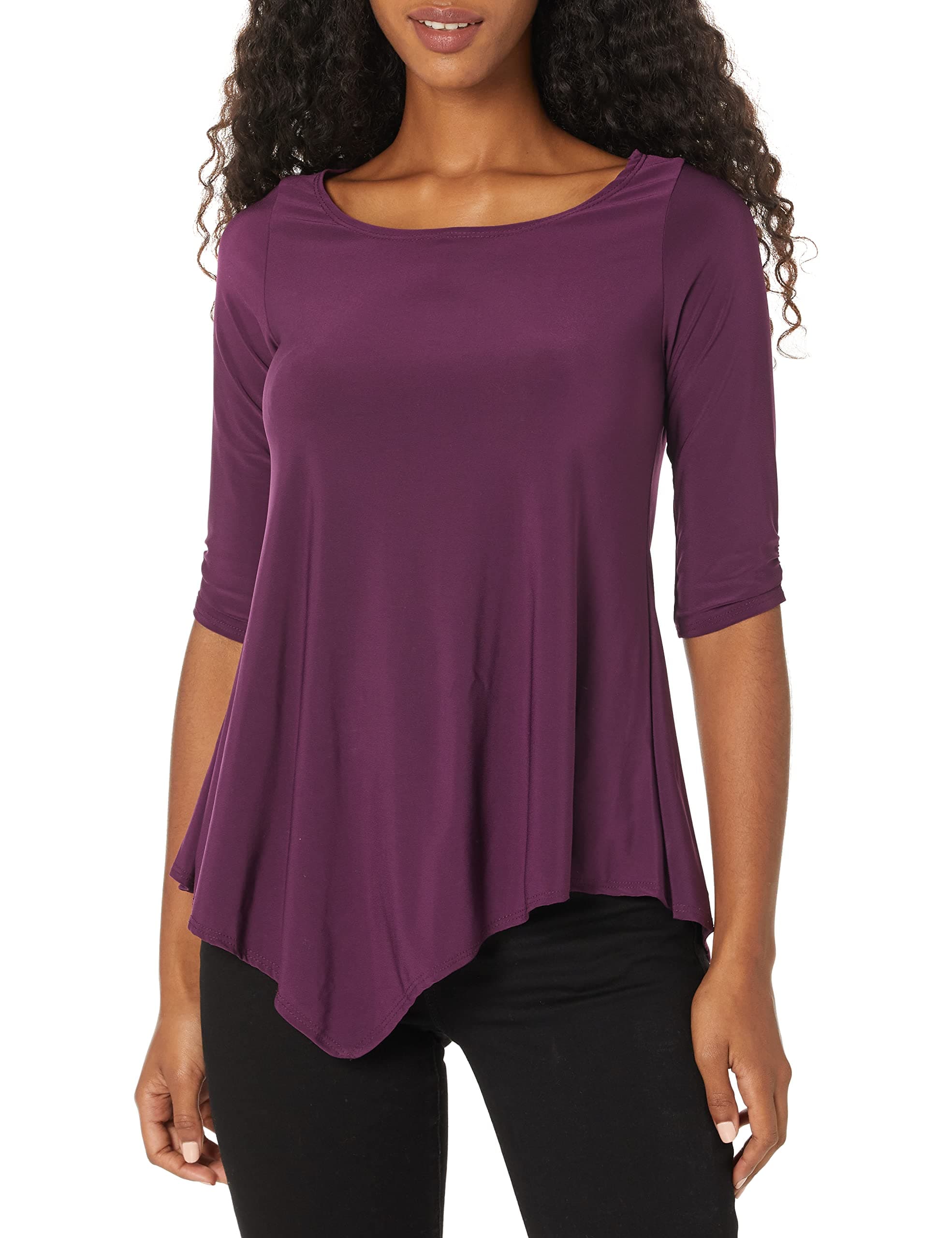 Star VixenWomen's Plus-Size Elbow-Cinch Sleeve Hanky Hem Top, Plum Solid, 2X