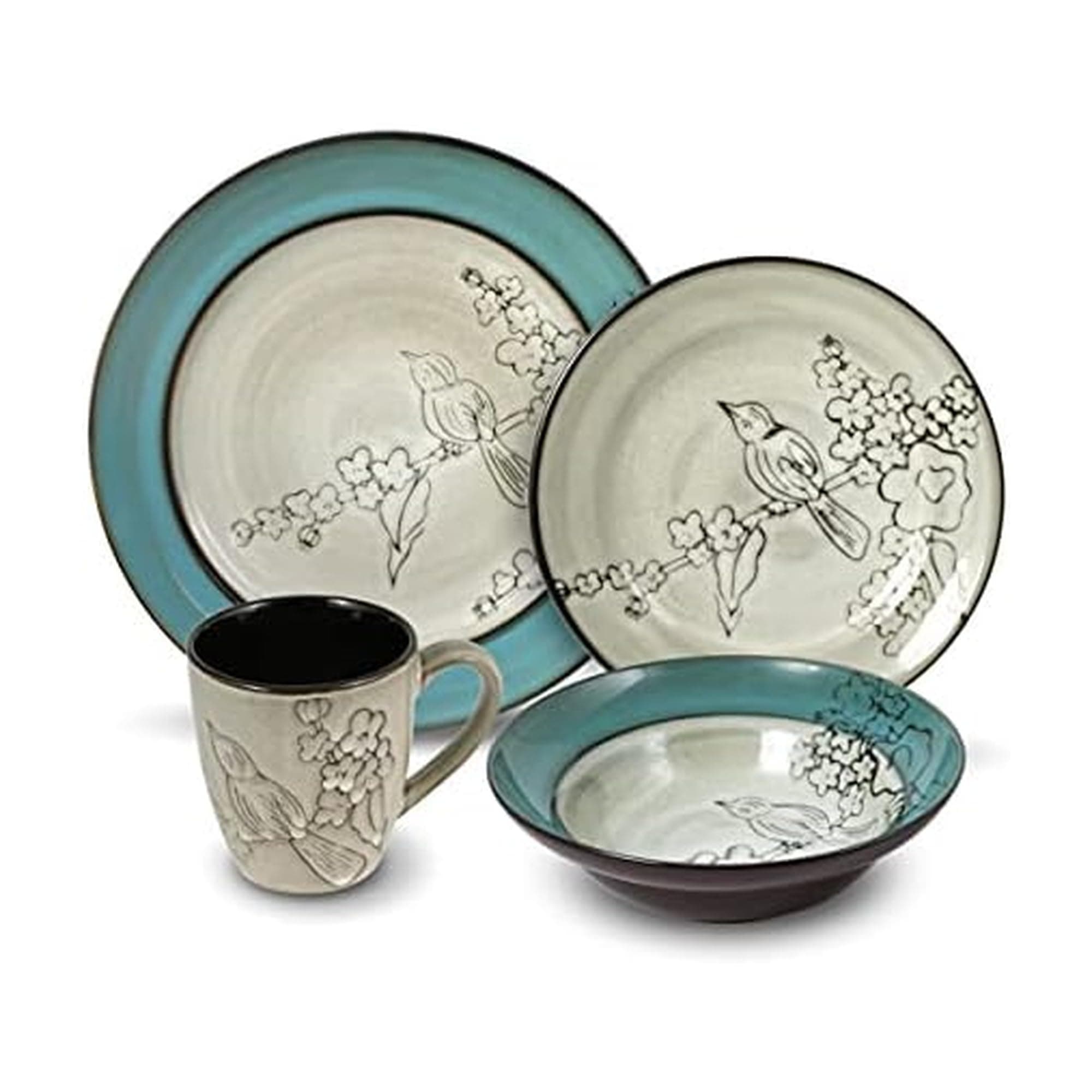 Song Bird Dinnerware Set, 16 Piece, Green, Gray