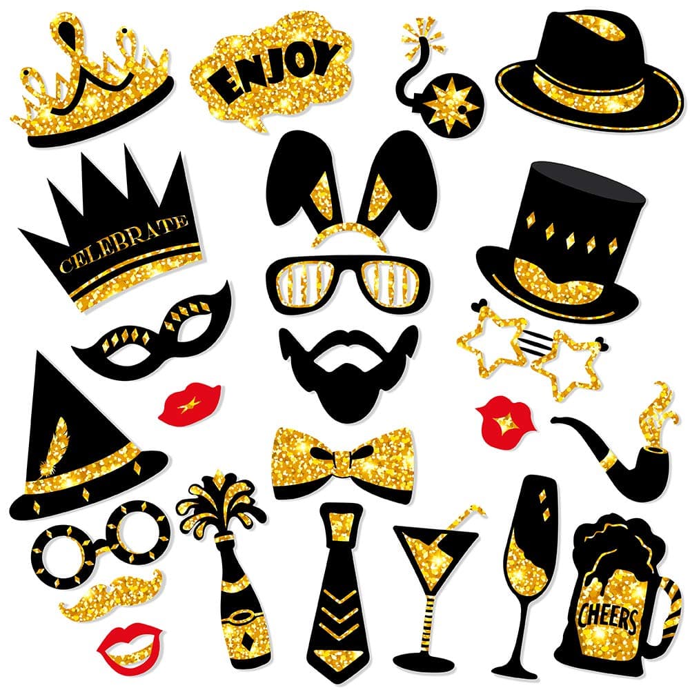 BUSOHA Bachelorette Party Photo Booth Props - Black Gold Photo Prop Crown Hats Lips Mustaches Vibrant Pose for Engagement Party AnniversBride Shower Wedding Birthday Graduation Party Supplies (24Pcs)