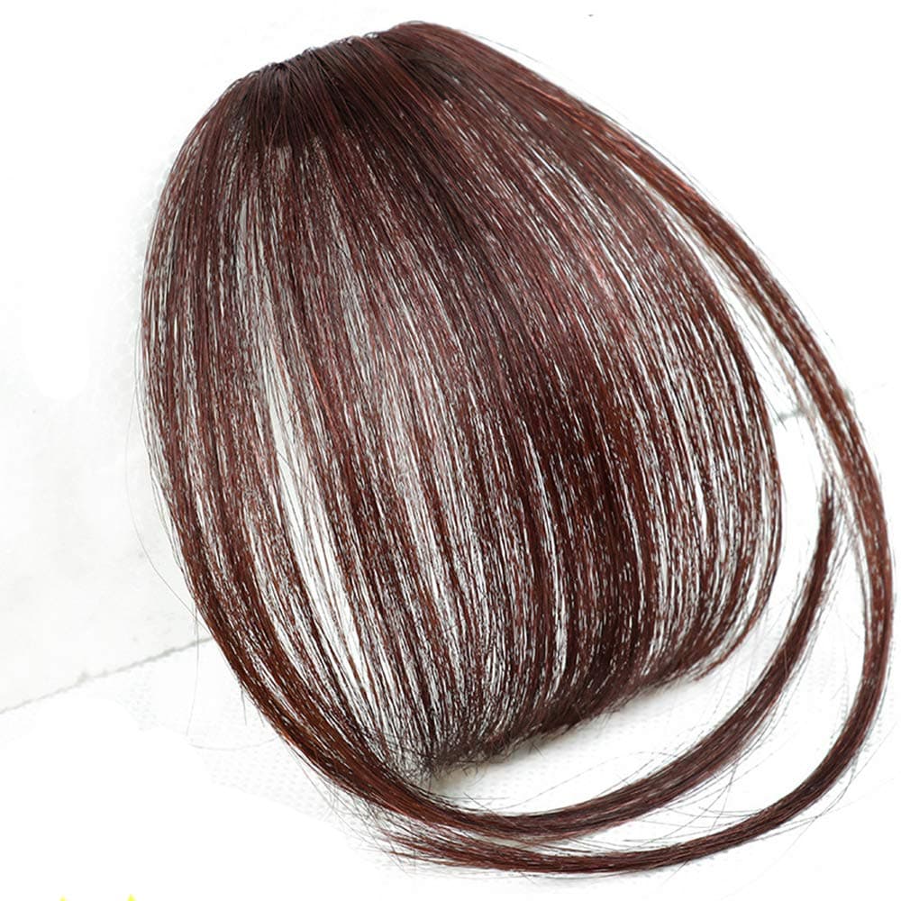 Clip in Air Bangs Remy Human Hair Extensions One Piece Front Neat Air Fringe Hand Tied Straight Flat Bangs Clip on Hairpiece for Women Red Dark Brown