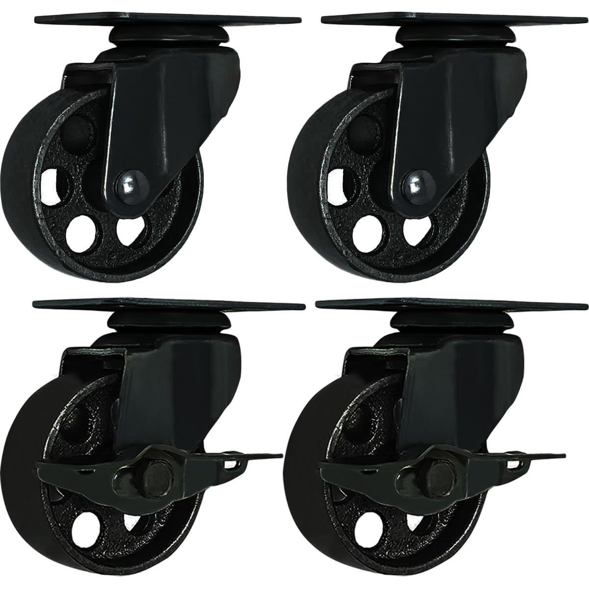 4 All Black Metal Swivel Plate Caster Wheels w/Brake Lock Heavy Duty High-gauge Steel (3" Combo)