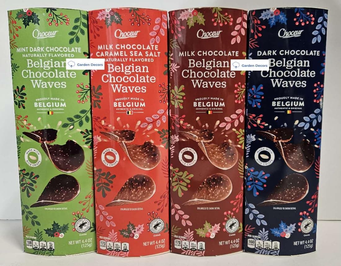 Choceur Belgian Chocolate Waves Milk, Salted Caramel Flavor, Mint Flavor, Dark 4.4oz 125g (4 Boxes)