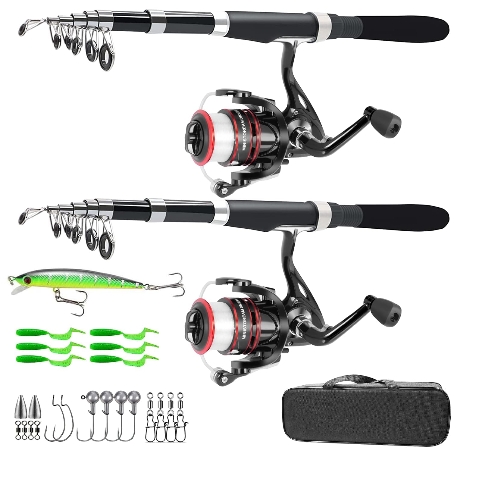 Fishing Pole Combo Set,2.1m/6.89ft 2PCS Collapsible Rods 2PCS Spinning Reels Lures Set Carrier Bag Carbon Fiber Telescopic Fishing Rods Sea Saltwater Freshwater Kit Fishing Rod Reel Combos