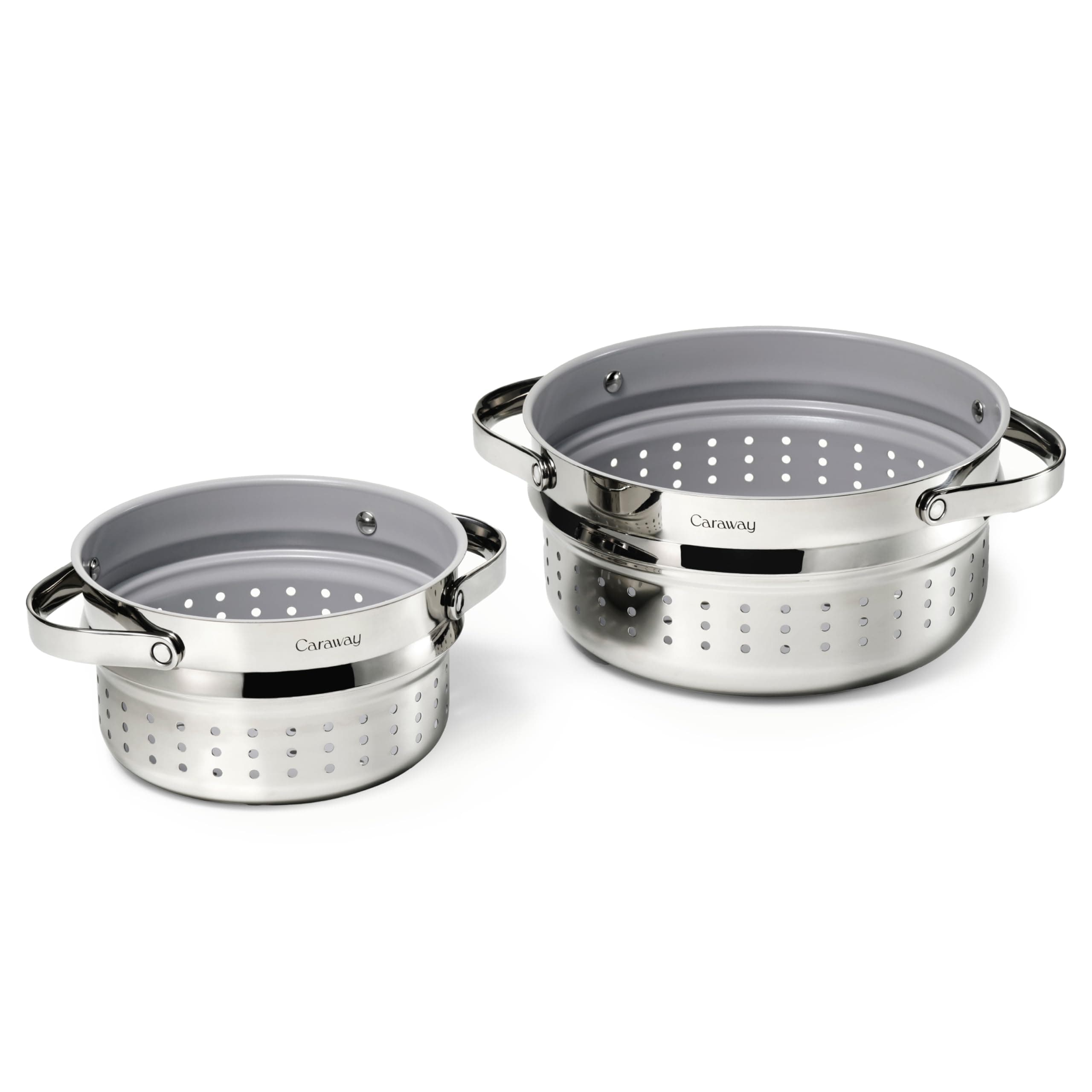 Caraway Small & Large Steamer Set – Made with Handles - Non Stick, Non Toxic Coating - Steam Veggies, Seafood, and More - Compatible With Our Dutch Oven or Sauce Pan – 3qt & 6.5qt - Stainless Steel