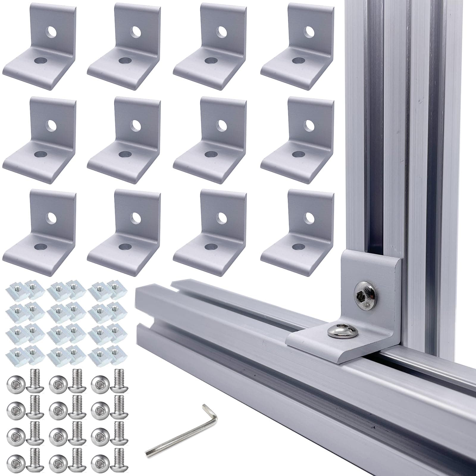 12 Set 1010 1020 Aluminum Extrusion Hardware Connectors with Screws&Wrench, 12 Pcs 10 Series Bracket with 24 Pcs T Nuts