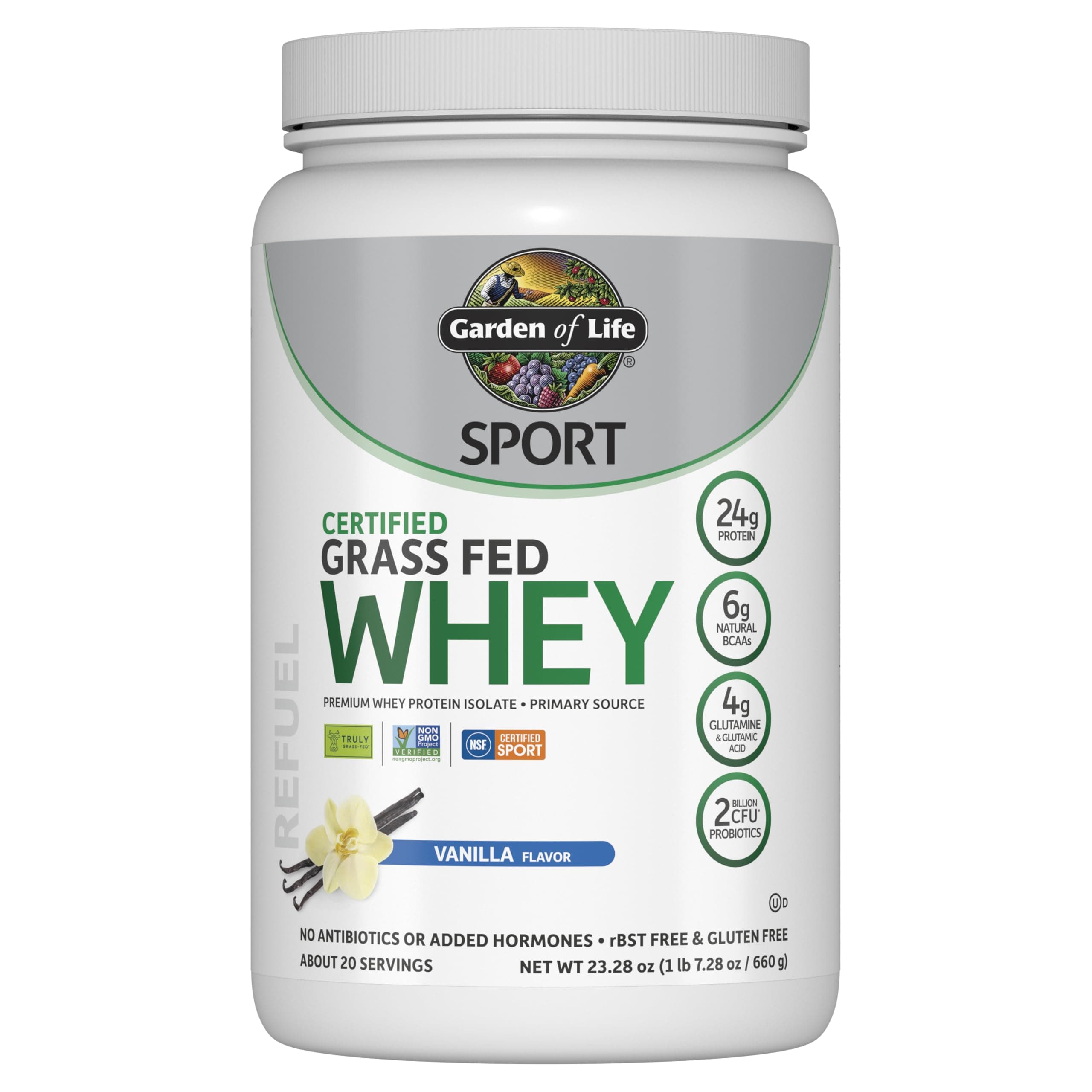 Garden of Life Sport Grass Fed Whey Protein Powder – 24g Whey Protein Isolate for Women & Men with Probiotics & Glutamine, Non-GMO, Gluten-Free, Cold-Processed, Vanilla Flavor, 20 Servings