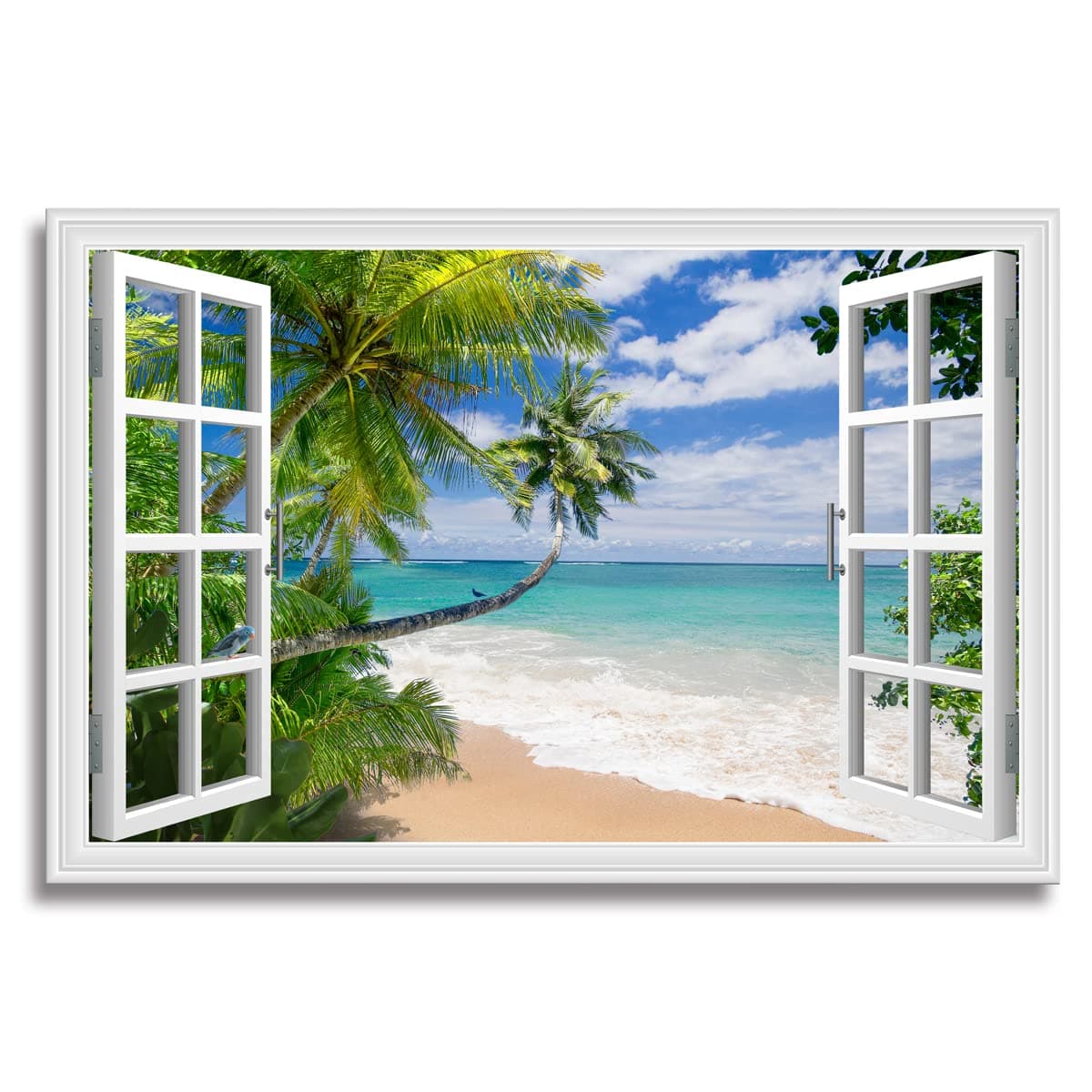 Window Beach Picture Canvas Wall Art Palm Tree Fake Open Window Scene Print with Framed Ocean Photo Decor for Home Teal Walls Size 36x24