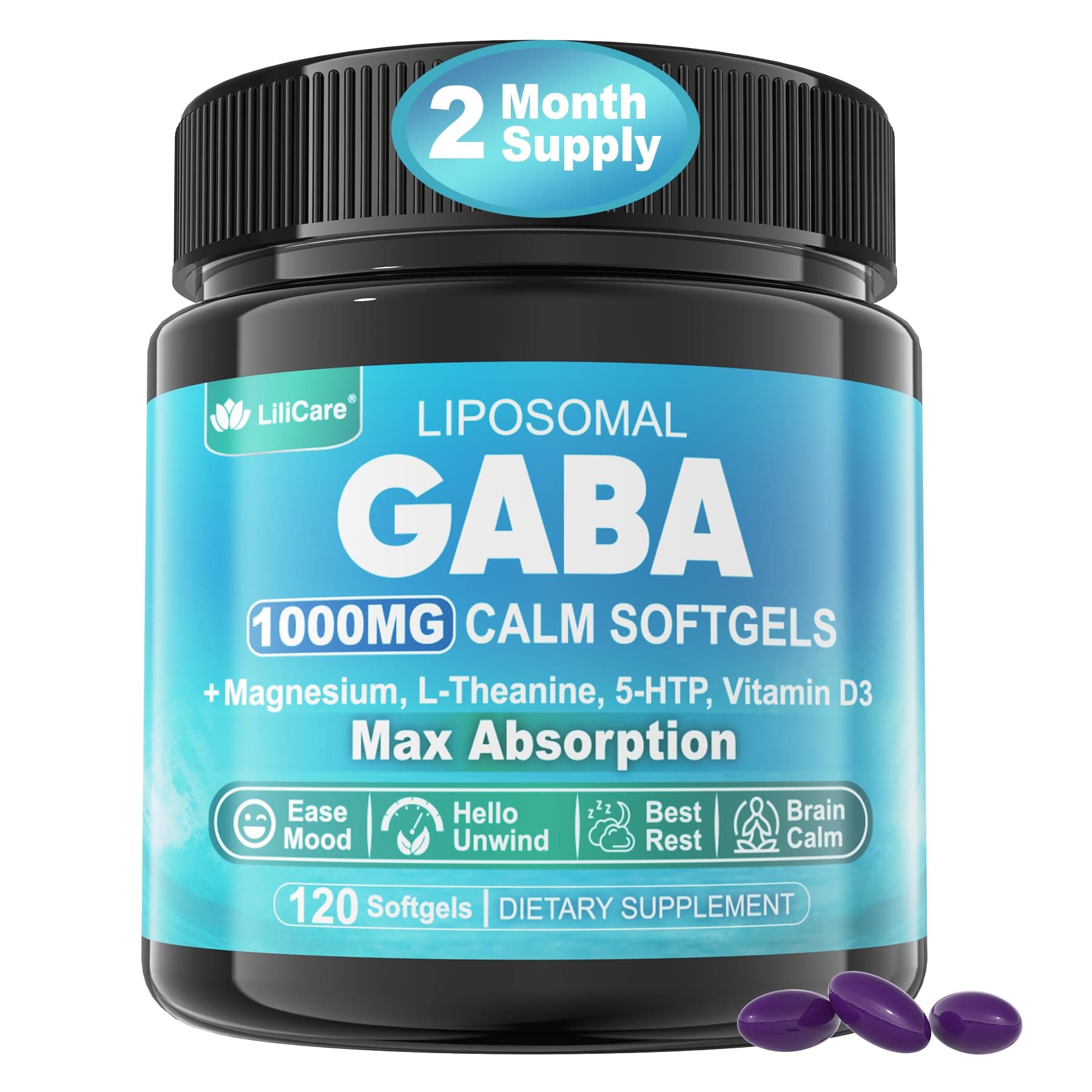 GABA Supplement - 1000 mg Liposomal Form for Optimal Absorption,GABA with L-Theanine, Magnesium Glycinate, 5HTP, Vitamin D3 for Brain Calm, Mood, Zzz Better - Melatonin-Free 120 Softgels.