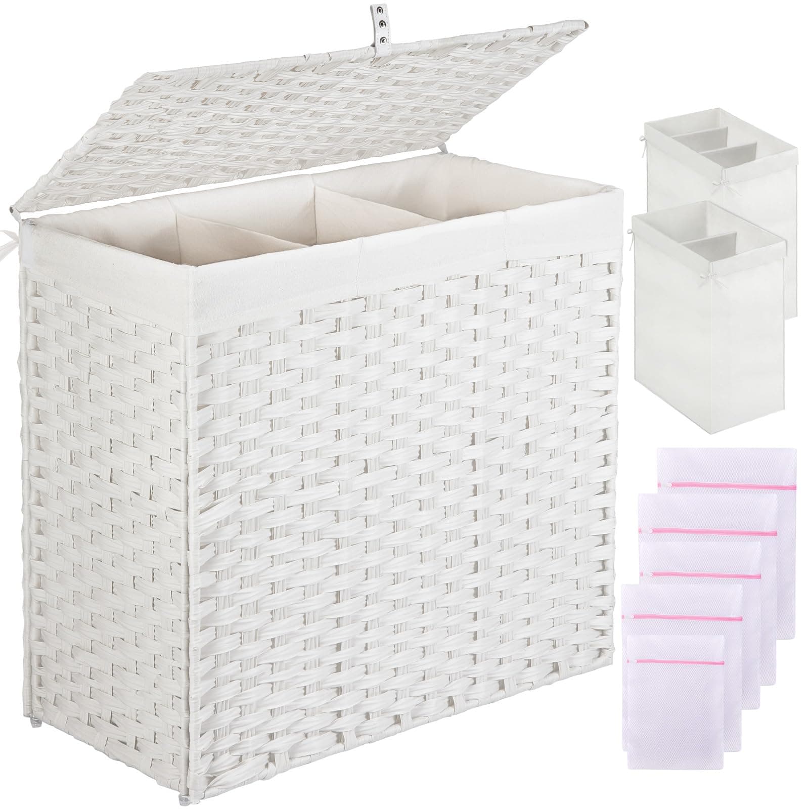 Greenstell Laundry Hamper with Lid, 125L Large Clothes Hamper with 3 Section & 2 Section Removable Liner Bags & 5 Mesh Laundry Bags, Handwoven Synthetic Rattan Divided Laundry Basket, White