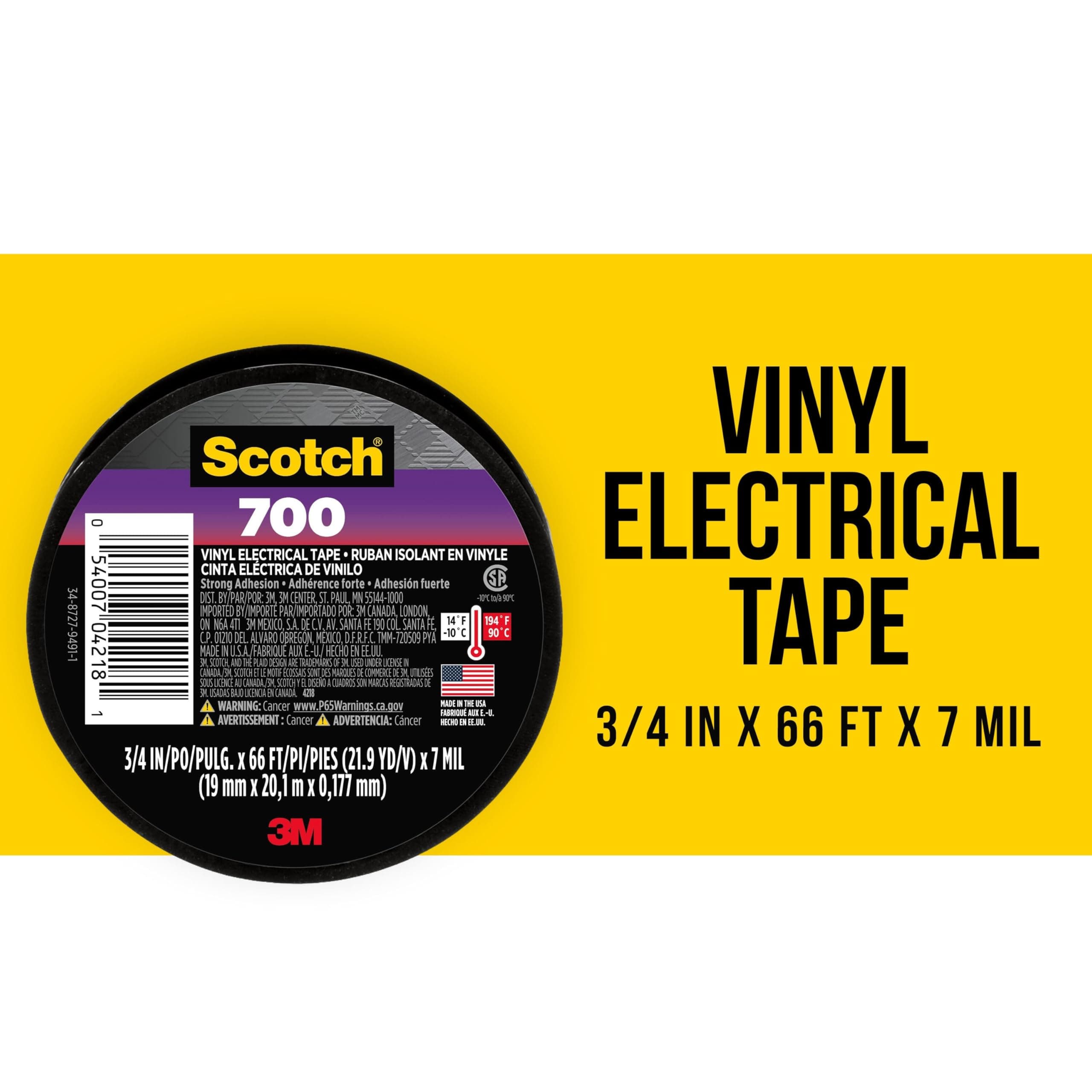 Vinyl 700 Electrical Tape, 1 Roll, Black, 3/4-in x 66-ft, General Purpose, Commercial Grade, Rated for Temperatures Up to 194-Degree, Highly Flexible, Stretchy & Conformable (700)