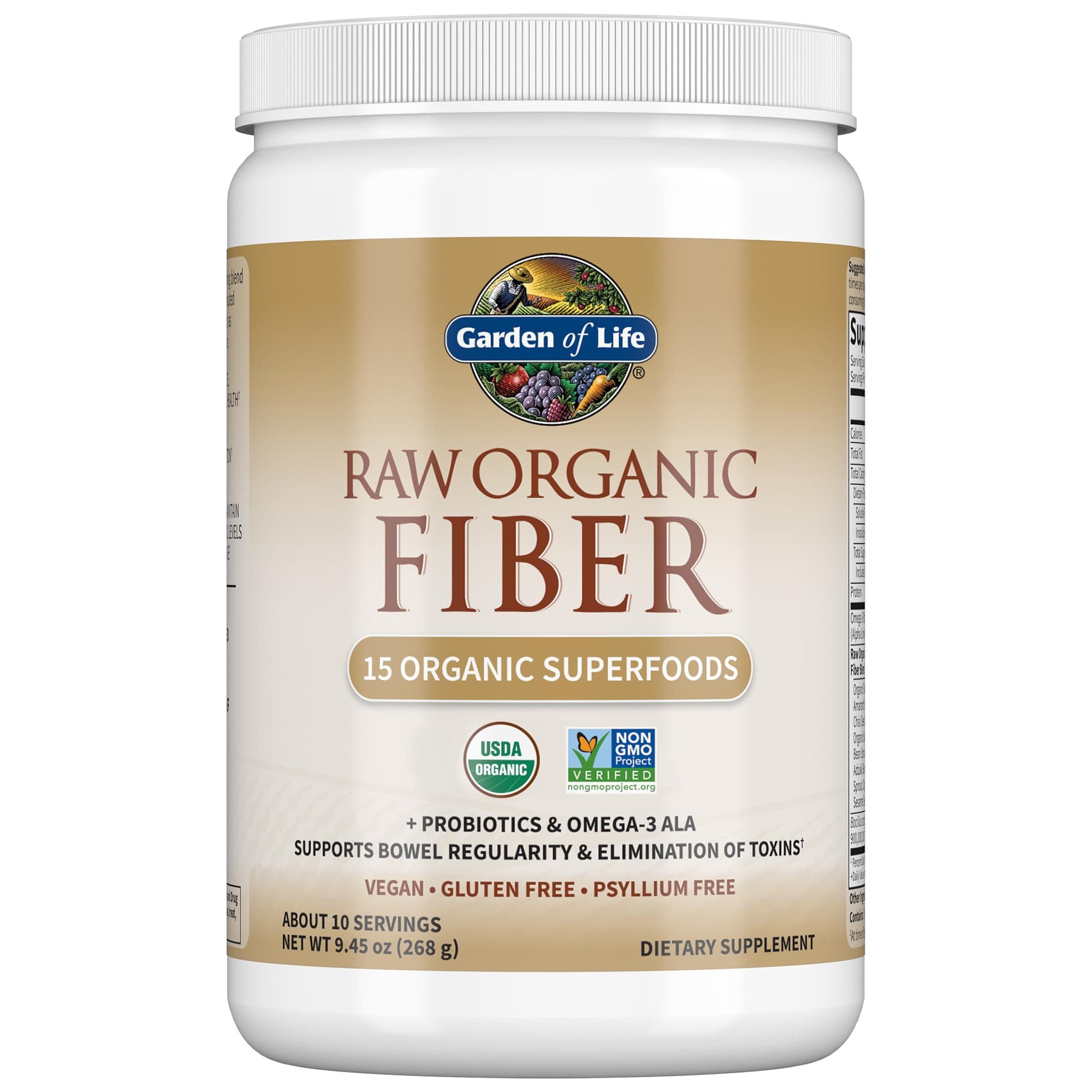 Garden of Life Raw Organic Fiber Powder, 10 Servings, 15 Organic Superfoods, Probiotics, Omega-3 ALA, 4g Soluble Fiber, 5g Insoluble for Regularity, Psyllium Husk Free