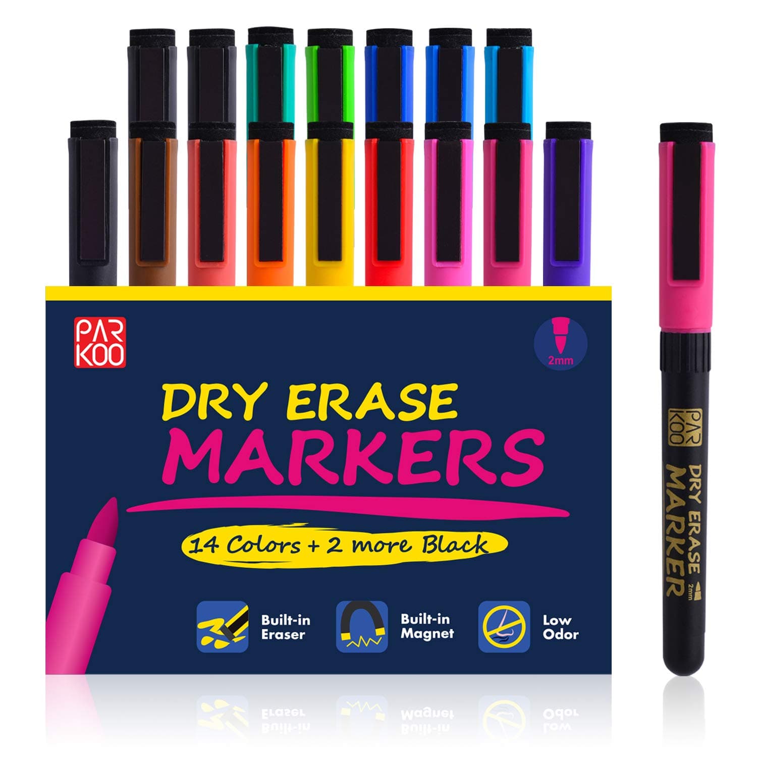 ParKoo Dry Erase Markers, 16-pack Magnetic Low Odor Whiteboard Markers with Eraser, Medium Point Erasable Marker Pens Perfect for Kids Classroom Work Office Home