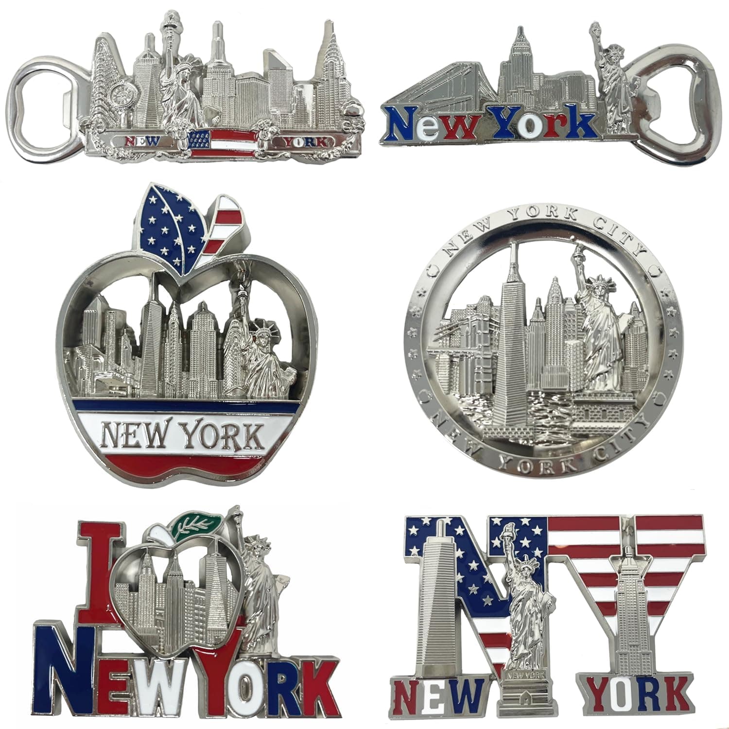 TSY TOOL 6 Pack Silver Bundle Fridge Magnets New York Souvenir Empire State Building, Skylines, Statue of Liberty, Brooklyn Bridge, The Big Apple, USA Flag, Bottle Opener