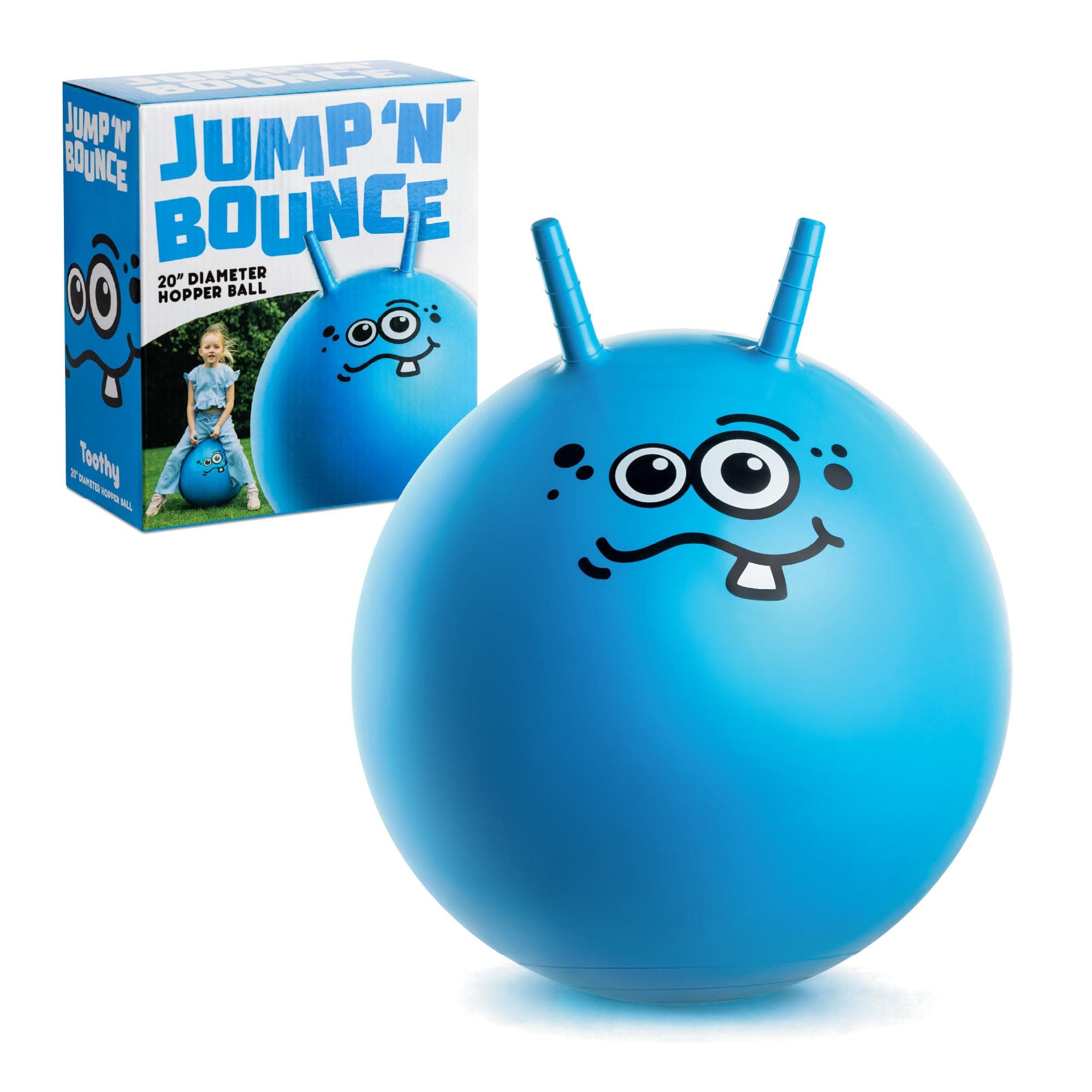 Toyrific Jump N Bounce Kids Space Hopper, 20 Inch Retro Bouncing Ball with Easy Grip Handles, Outdoor or Indoor Exercise Toy for Ages 3+, Toothy BlueDesign
