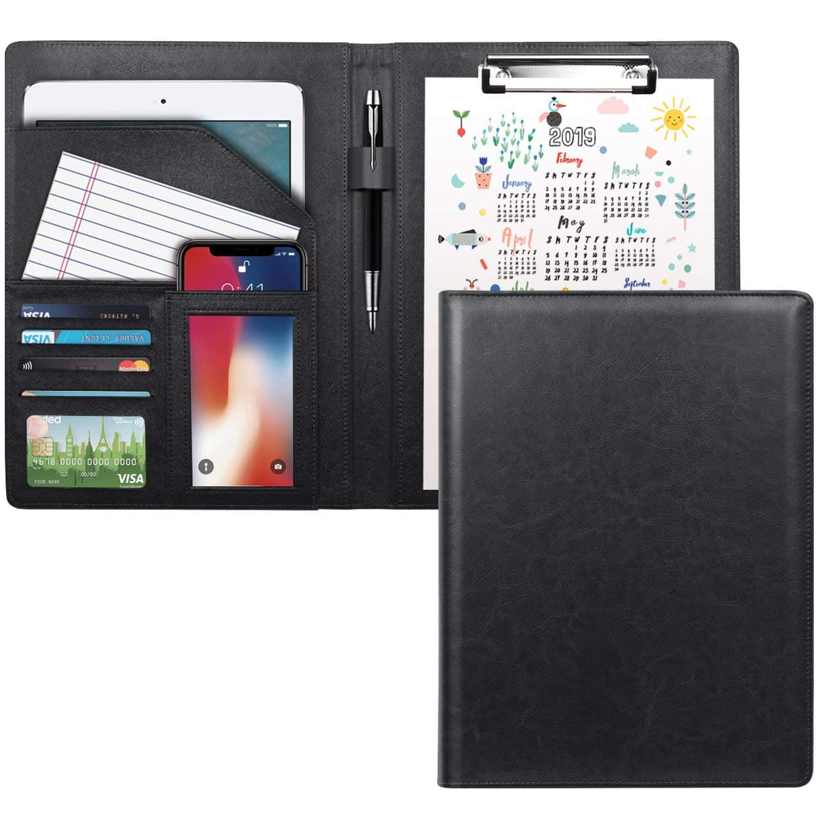 WAVEYU Business Portfolio Folder for Men Women, Padfolio Cover, Conference/Resume/Legal Document Organizer with Letter/A4 Size Clipboard Hardboard, Business Card Holders, Document Sleeve, Black