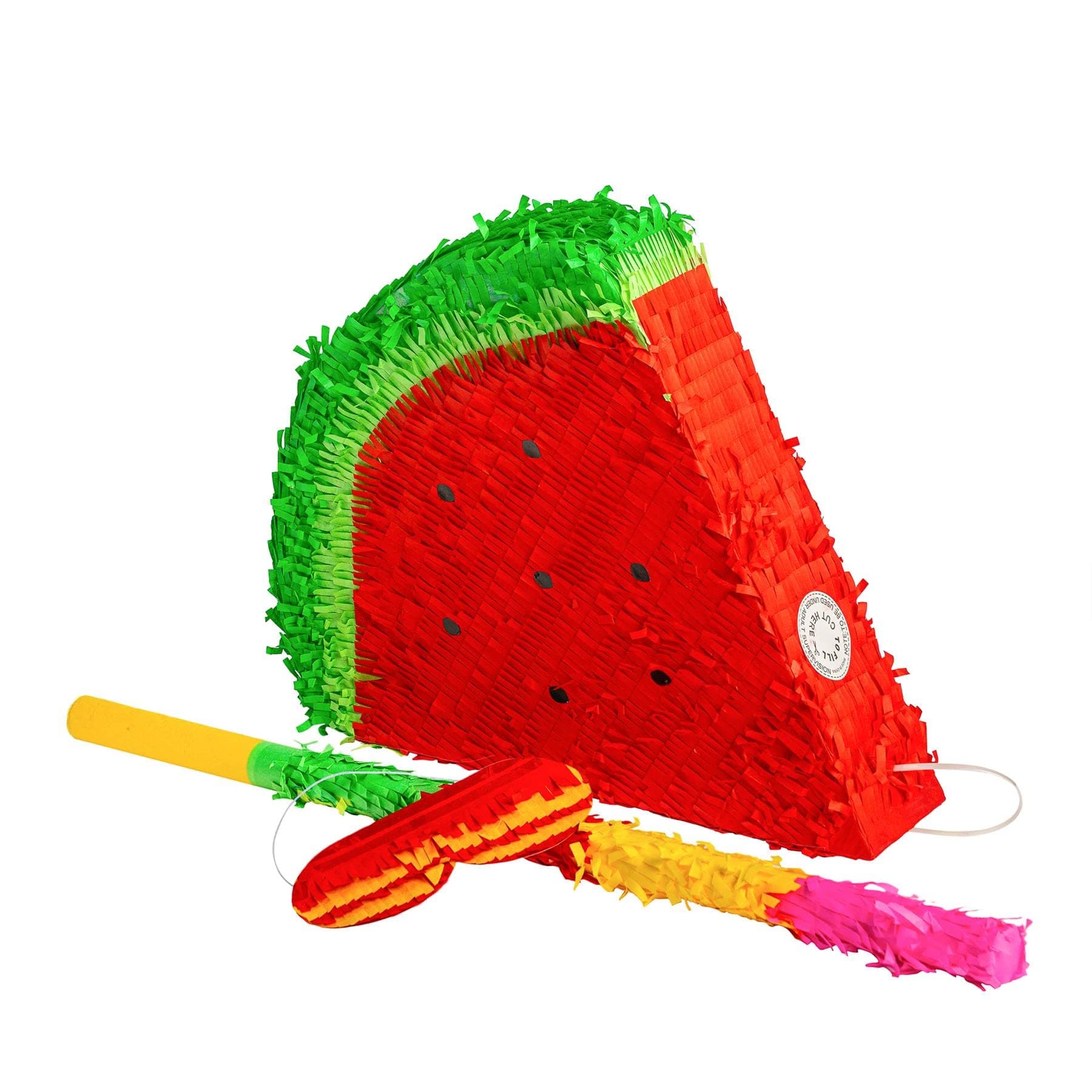 Watermelon Cardboard Pinata, Stick and Blindfold Set - 3pc - Rainbow Stick - Fill Your Own Kids Party Accessory Decoration - W42cm x D9cm x H36cm
