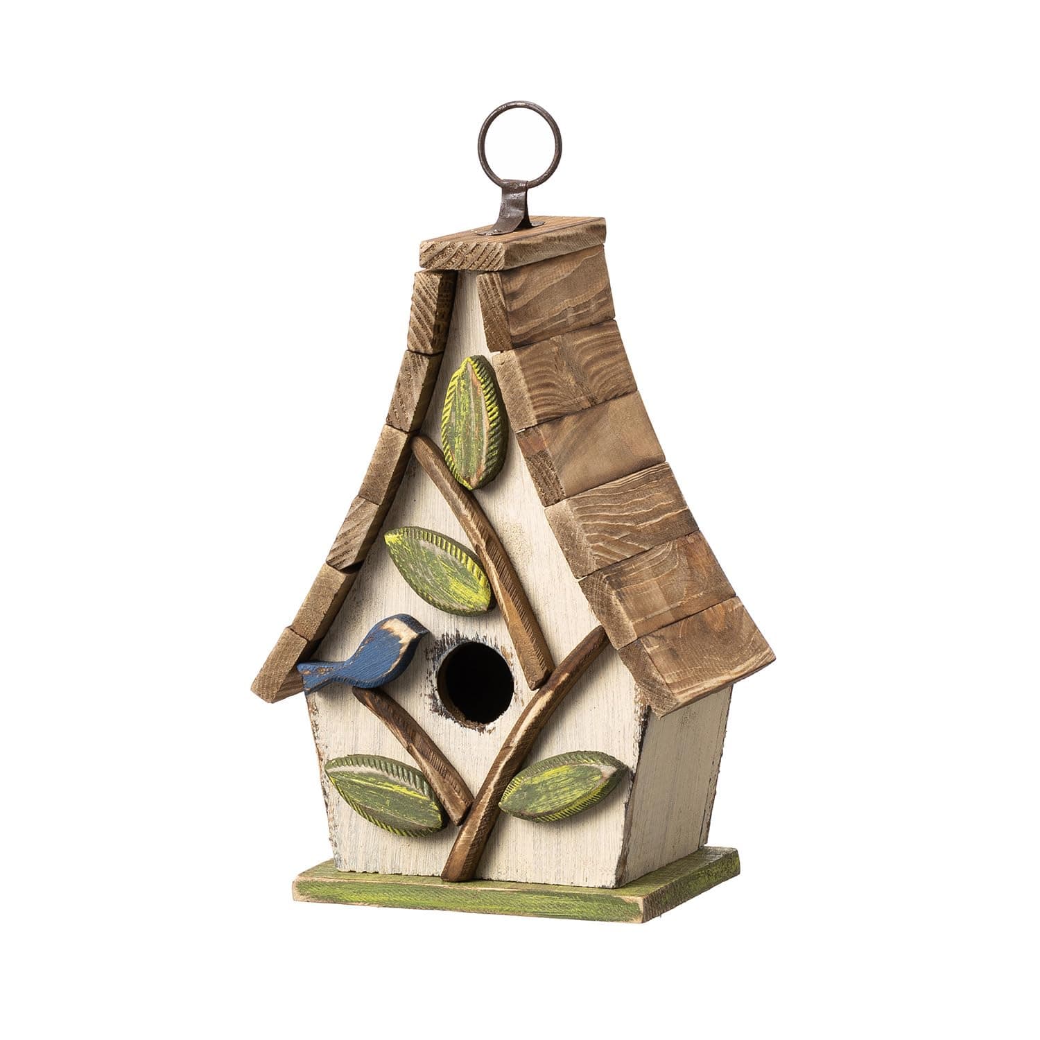 Bird Houses for Outside, 9.5" H Hanging Bird House Distressed Solid Wood Decorative Garden Birdhouse for Outdoors with Natural Wood Pallet Roof and 3D Tree,Washed White