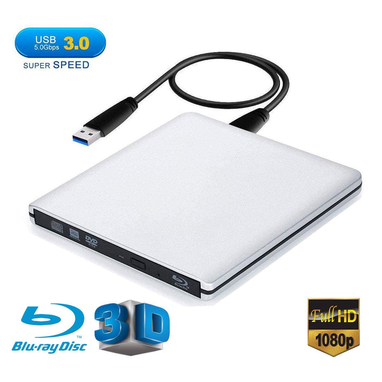 Blu ray Drive DVD Drive External USB 3.0 Ultra Slim 3D Blu Ray Player Writer Portable BD/CD/DVD Burner Drive with Polished Metal Chrome for Mac,Windows 10,XP,Vista,Laptop,PC (Silver)