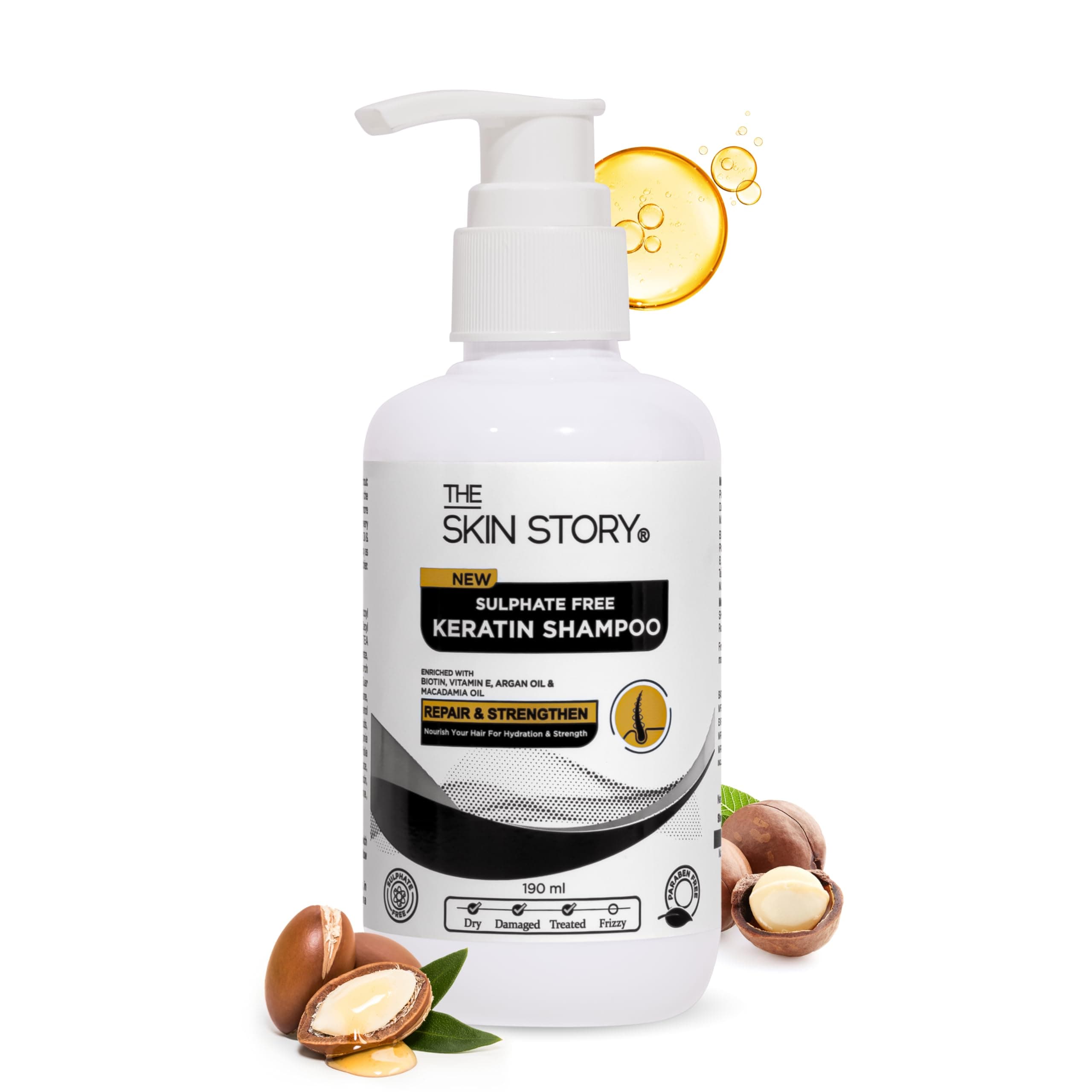 The Skin Story Sulphate Free Keratin Shampoo - Coloured Hair Care | Hair Smoothening Shampoo | Biotin Protein Infused | Enhances Shine, Soft & Frizz-Free Hair | Damage Repair | With Argan Oil, Vitamin E, and Macadamia Oil (190ML)