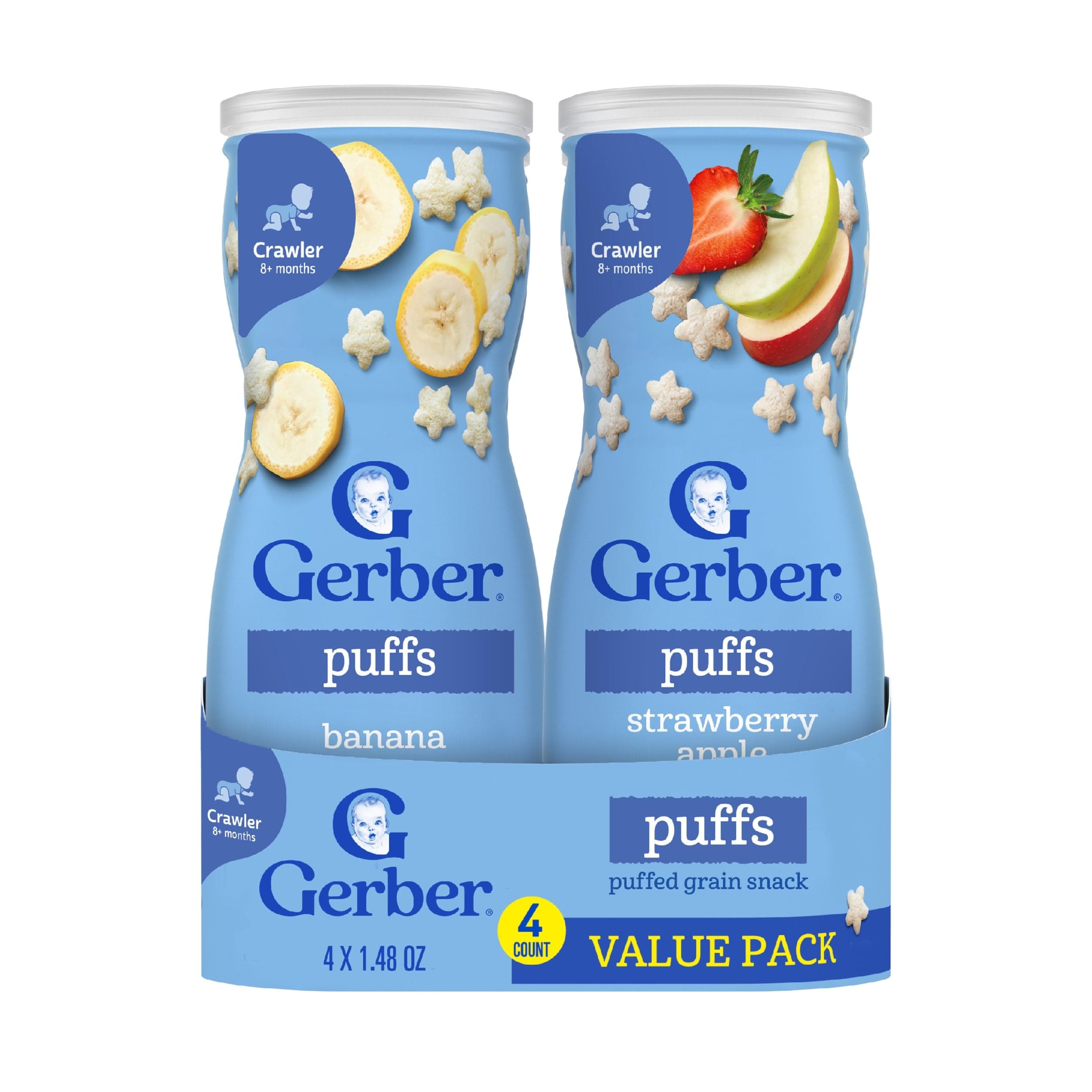 Gerber Baby Snacks Puffs Variety Pack, Banana & Strawberry Apple, 1.48 Ounce - 2 count of four packs, Package may vary, 1.48 Ounce (Pack of 8)