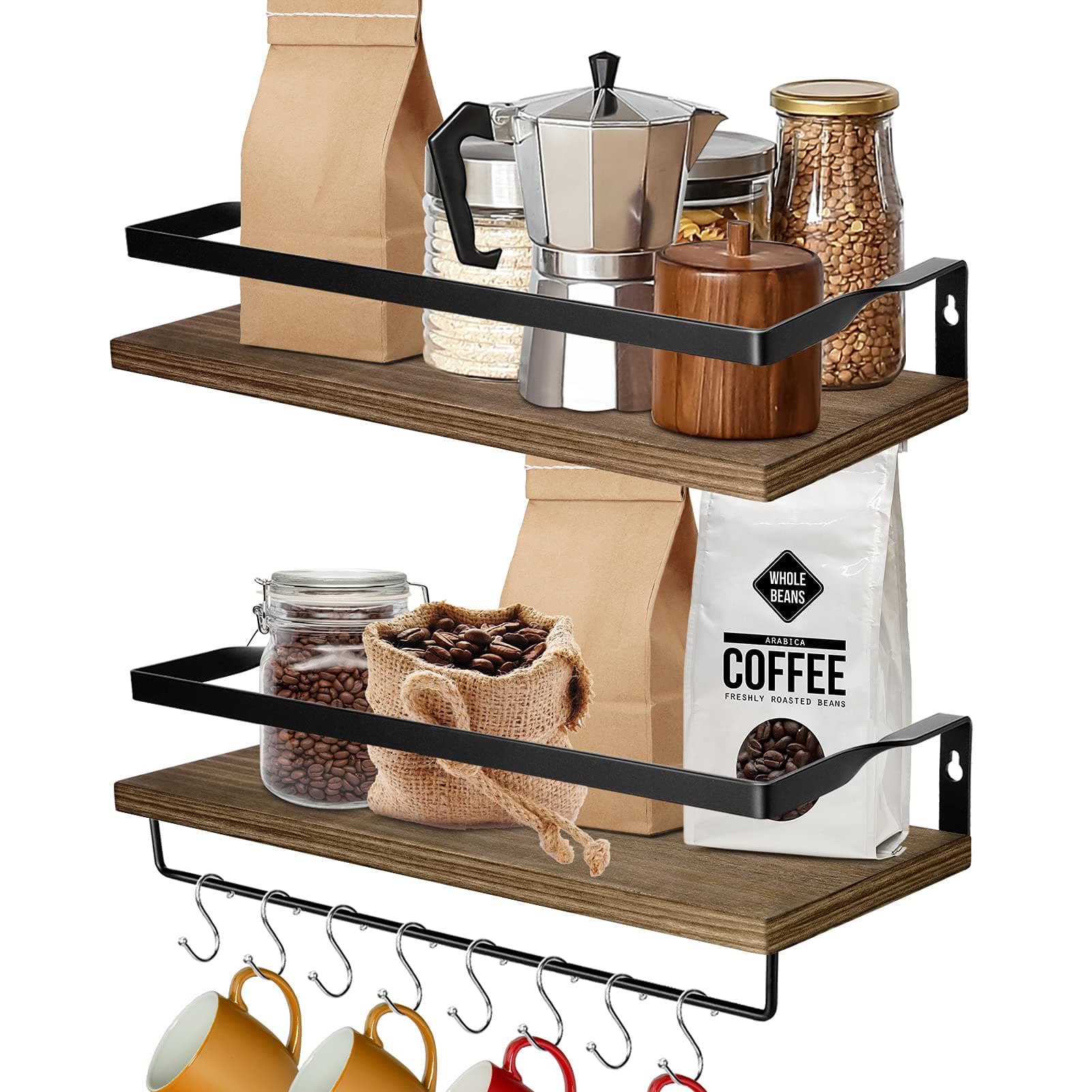 LEHOM Floating Shelves Wall Mounted Shelf, Rustic Wood Wall Storage Display Shelves Floating Shelving for Bathroom Bedrooms Kitchen Office Living Room with Towel Bar and 8 Hooks Set of 2