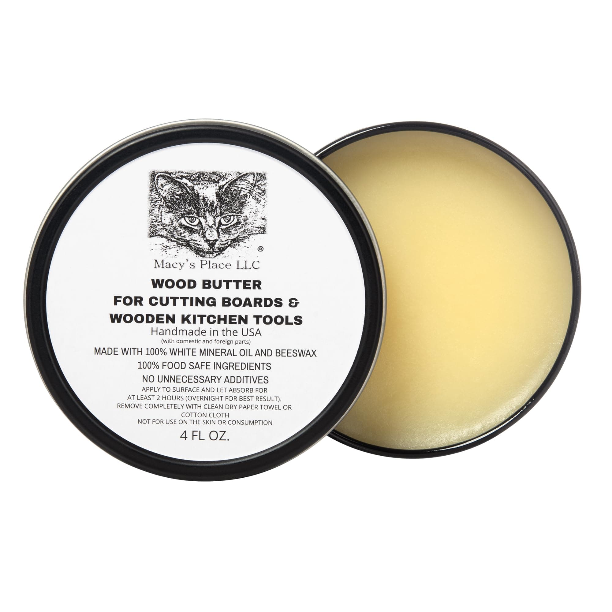 Wood Butter 4 fl oz Cutting Board Wax Conditioner for Butcher Block and Wooden Kitchen Tools. Macy;s Place Food Grade Protective Mineral Oil and Beeswax for Wooden Cutting Boards, Surfaces, and Tools.