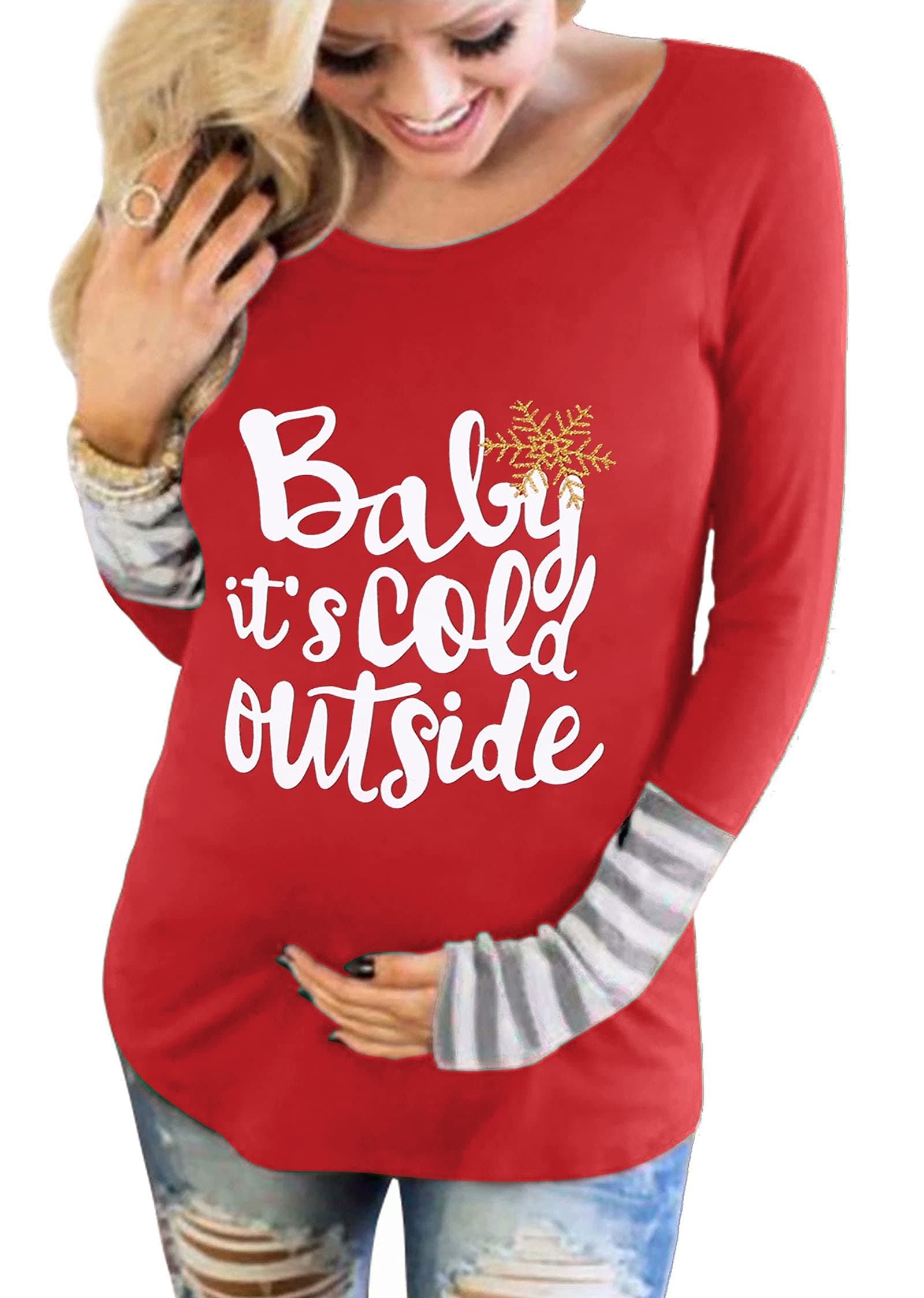 Christmas Baby It's Cold Outside Maternity T-Shirt Long Raglan Sleeve Snowflakes Top Tees for Pregnant Woman