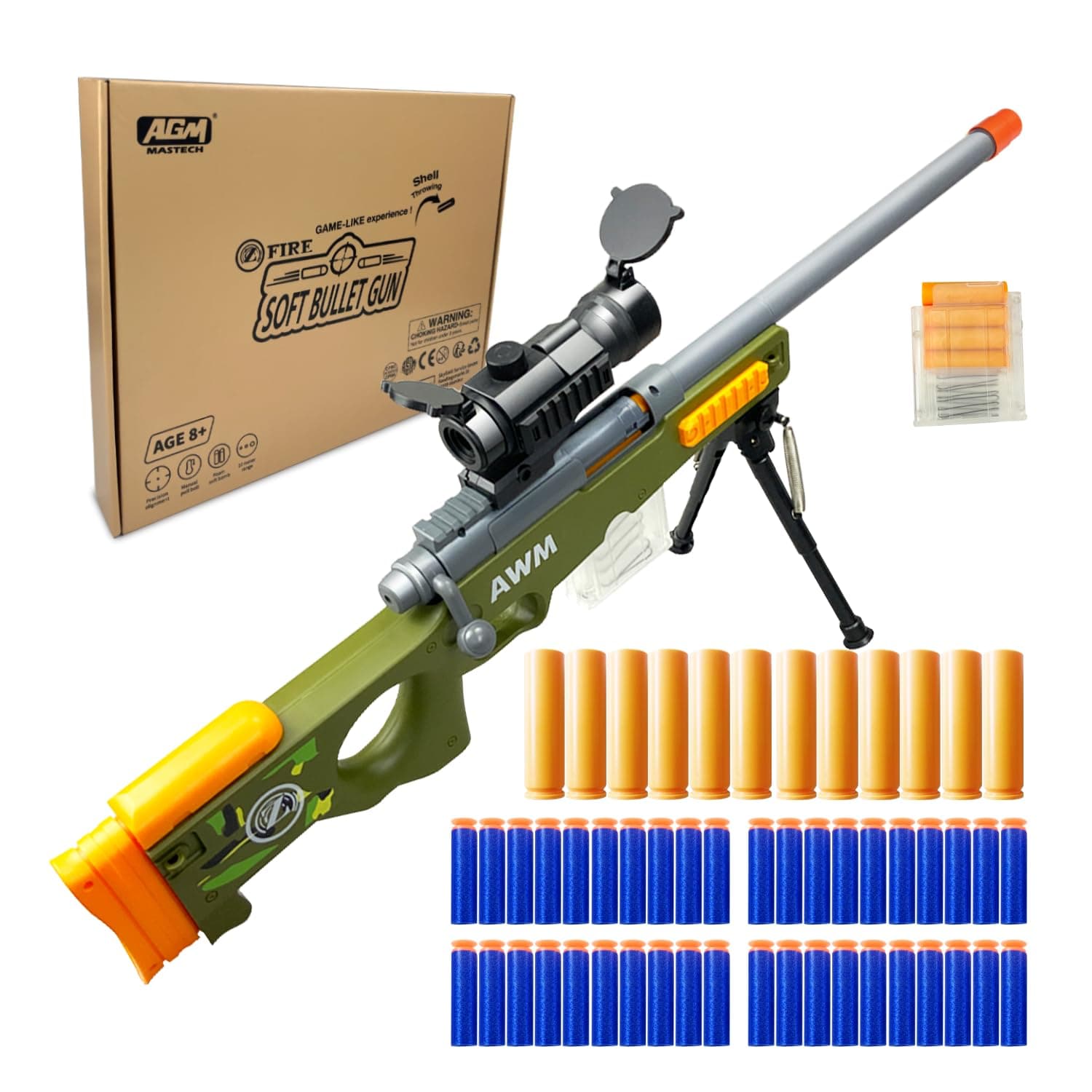 AGM MASTECH AWM Shell-Throwing Blaster Shot Gun, 40 Official Darts, 4-Dart Clip, 2 Magazines, Removable Stock, Barrel Extension, Blaster Toys Playset for Boys, Kids, and Adults (Green)