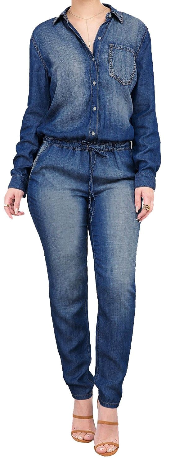 Eleganlife Women Fashion Denim Lapel Long Sleeve Buttons Long Pencil Pants Bodycon Jumpsuit Blue XLarge